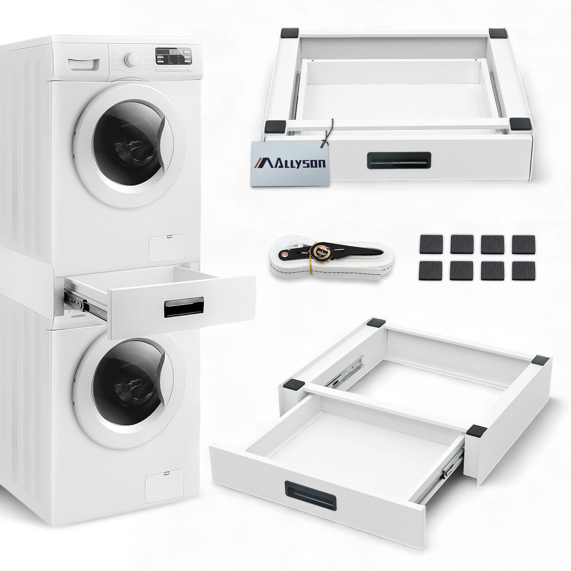 Allyson Zwischenbaurahmen Universal Zwischenbausatz für Waschmaschine & Trockner aus Metall (Montage-Set, Rahmen mit Schublade, Ratschen-Spanngurt, 8x Anti-Rutsch-Pads), Stapelsatz mit Schublade, 100kg Last, viel Stauraum, inkl. Gurt.