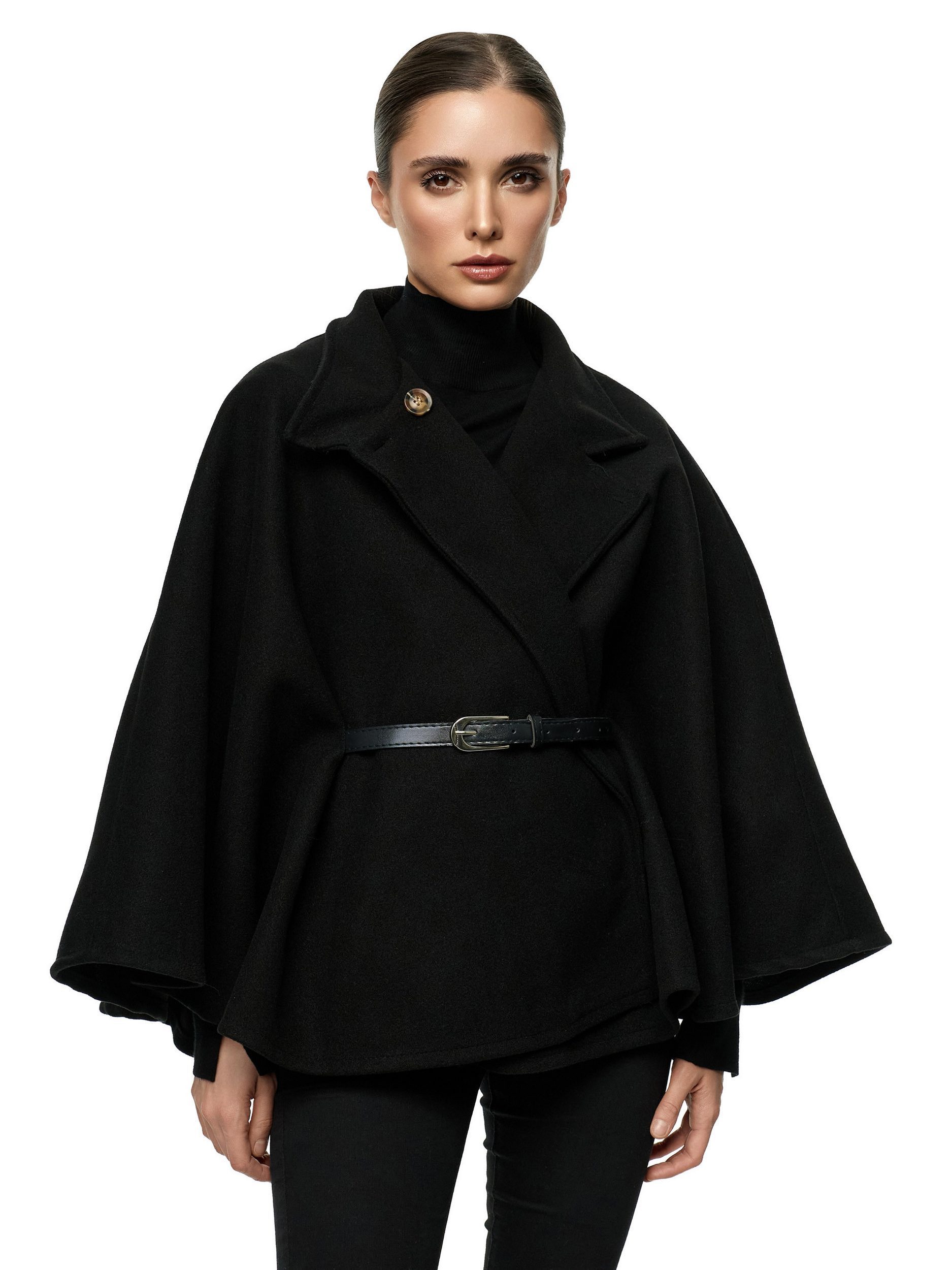 Worldclassca Poncho Worldclassca Poncho Crop Jacke Elegant Umhang Stehkragen mit Gürtel Neue Kollektion - Stilvolle und gemütliche Mode für Damen