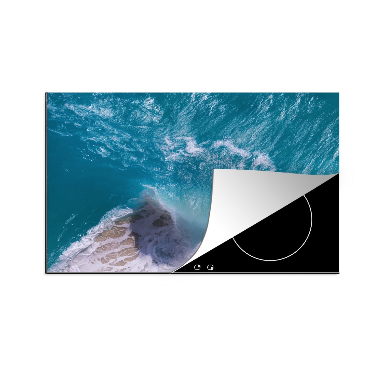 MuchoWow Herdblende-/Abdeckplatte Blaue Wellen am Kelingking Strand in Indonesien, Vinyl, (1 tlg), 81x52 cm, Induktionskochfeld Schutz für die küche, Ceranfeldabdeckung