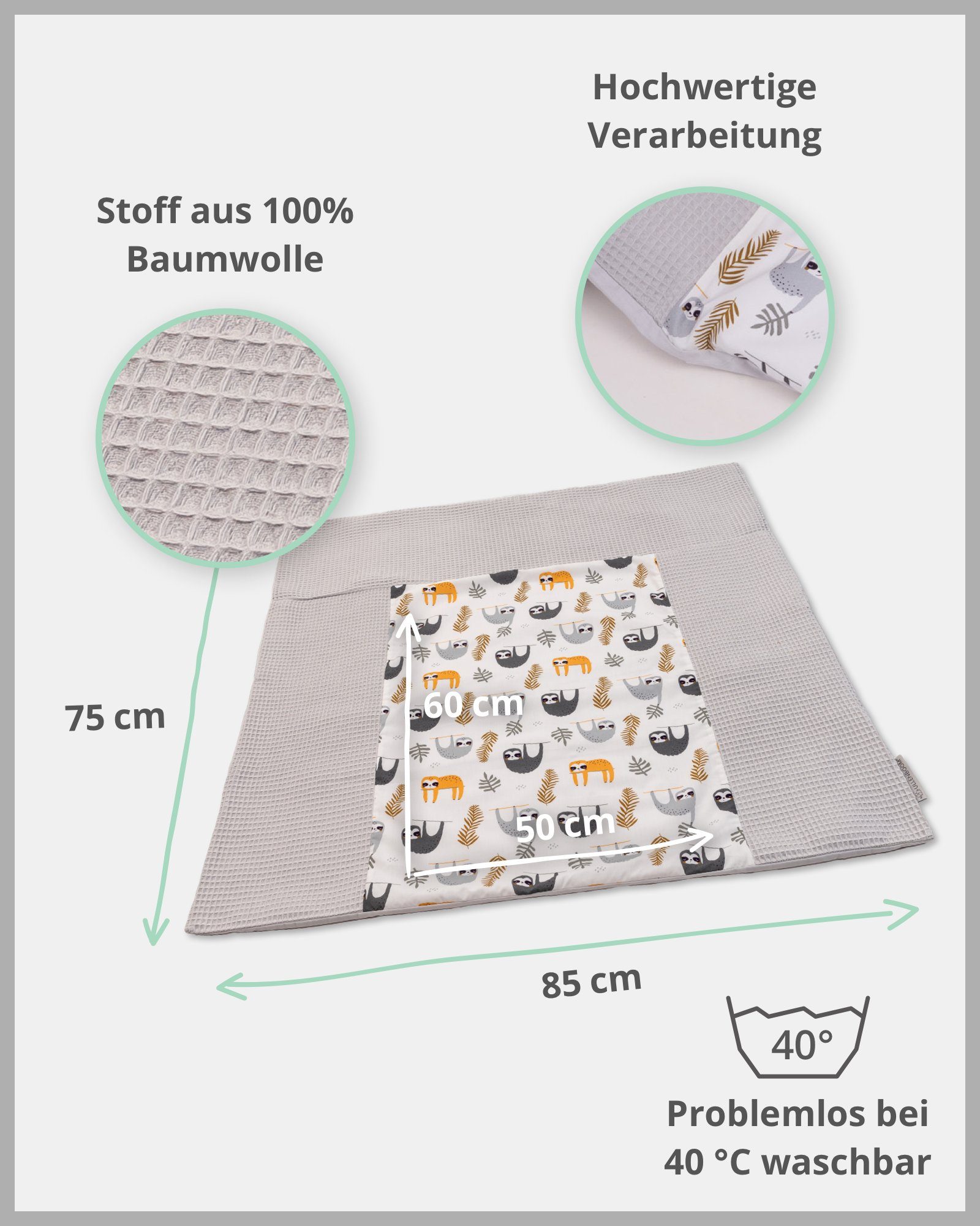 Baumwolle Grau mit cm ® EU), Bezug 100% (Made Faultiere 75x85 in Hotelverschluss, Wickelauflagenbezug ULLENBOOM Wickelauflagenbezug