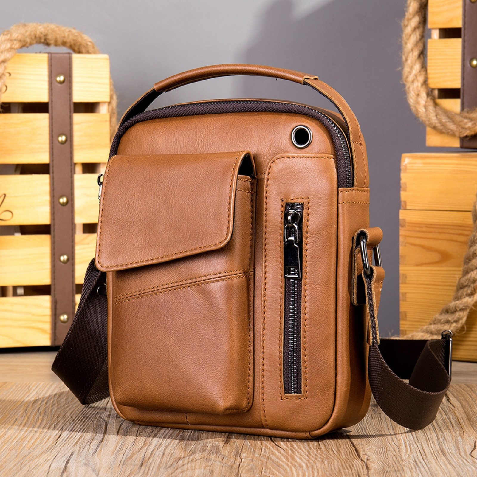 YUBRO-STUDIO Umhängetasche Herren Leder Schultertasche Crossbody Messenger günstig online kaufen