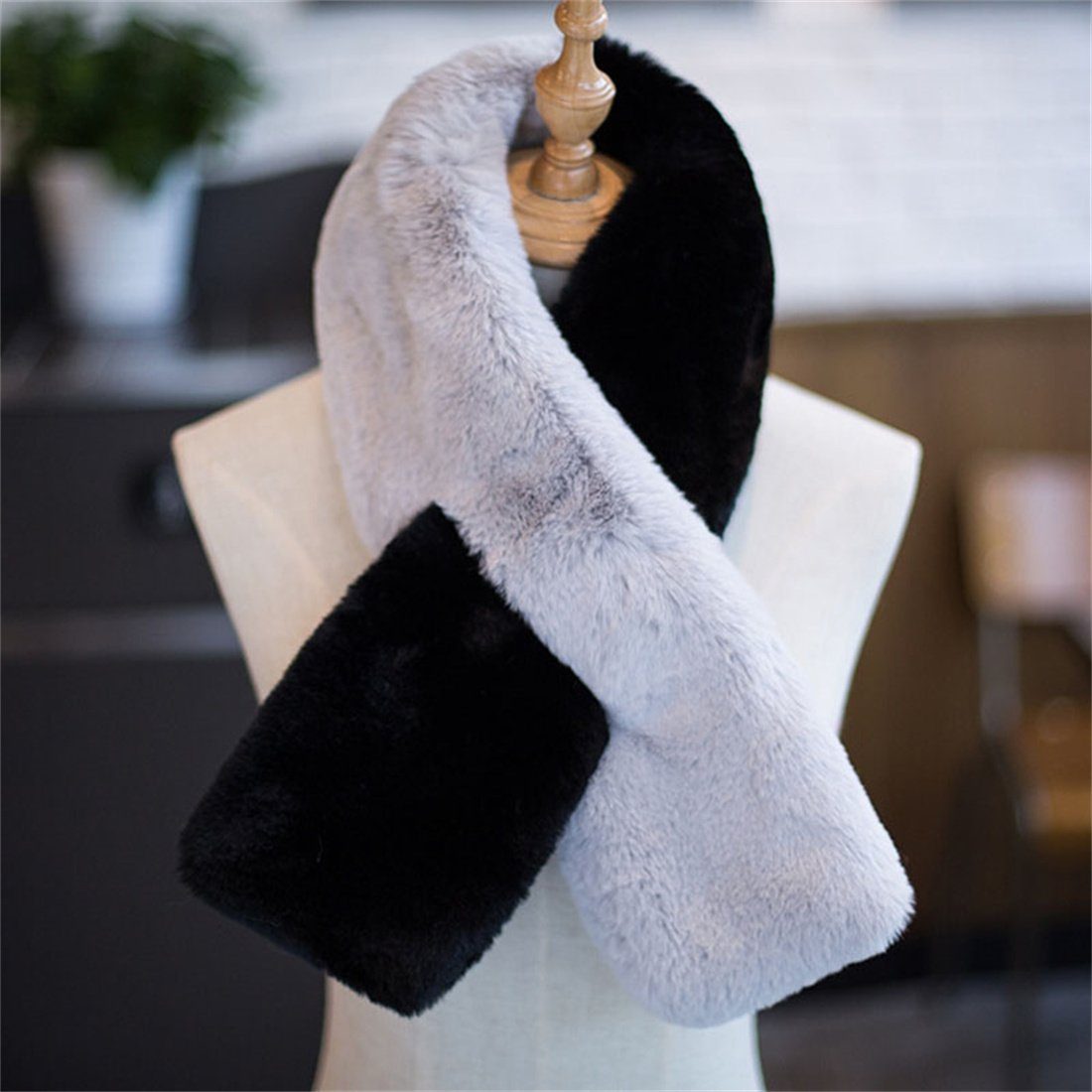 DÖRÖY Modeschal Damen Wintermode Nachahmung Pelz Schal, verdickt warmen Schal Schwarz