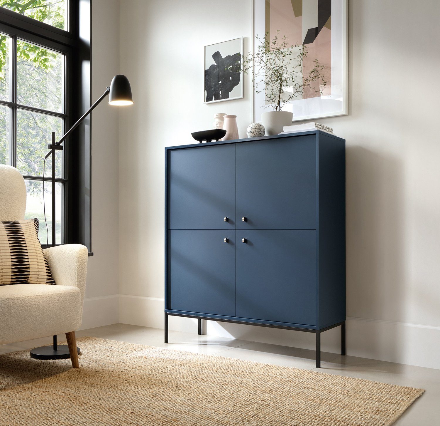Feldmann-Wohnen Highboard Mono (4-türig, 4 Einlegeböden, 1 St., moderne Optik, Möbelknäufe, Metallfüße), 104x39x126cm Marineblau Matt 4-türig