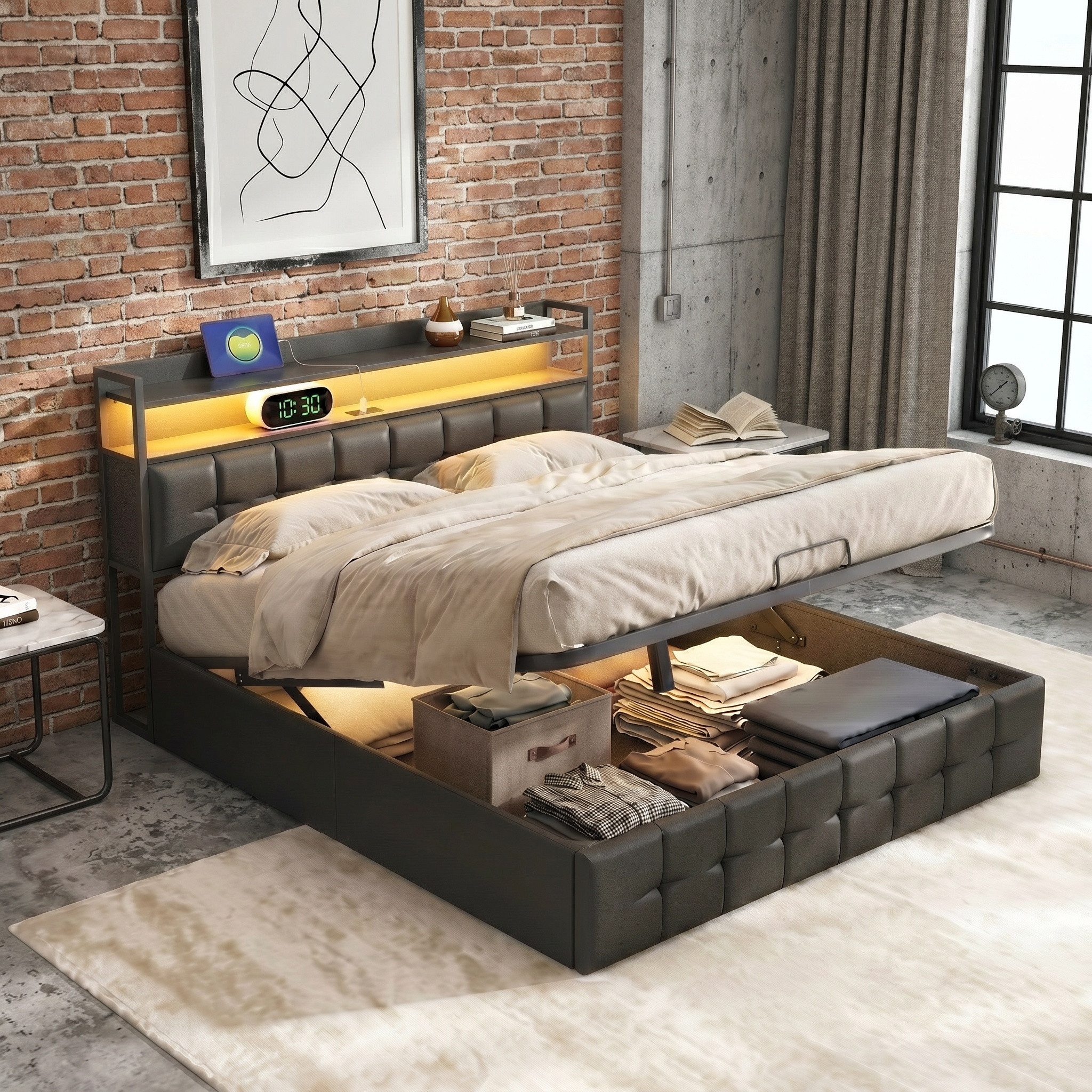 Polsterbett LED Stauraumbett 160x200 cm Schwarz mit Bettkasten