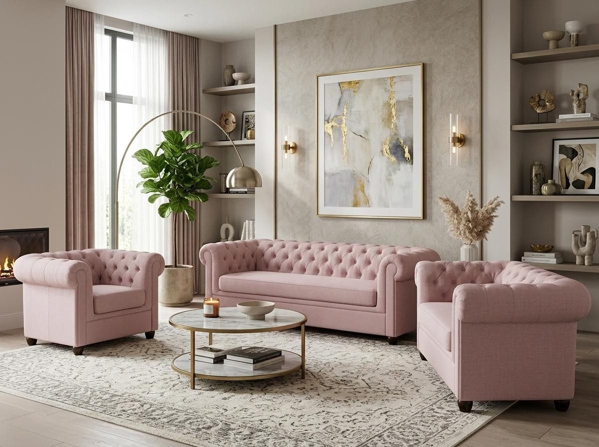 Xlmoebel Chesterfield-Sofa Hellrosa Chesterfield-Sofagarnitur für Wohnzimmer 3+2+1-Sitzer, 3 Teile, Made in Europa
