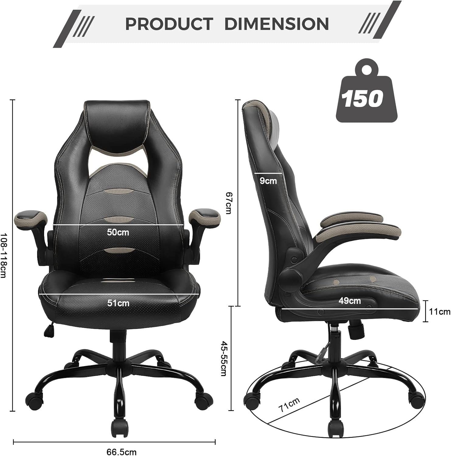 mit armlehnen, sitzfläche, Bürostuhl Gaming-Stuhl hochklappbarer 150KG hoher Rollen), Drehstuhl und BASETBL ergonomisch, bis (PC Stuhl mit breite Rückenlehne klappbaren Chefsessel, Atmungsaktiv