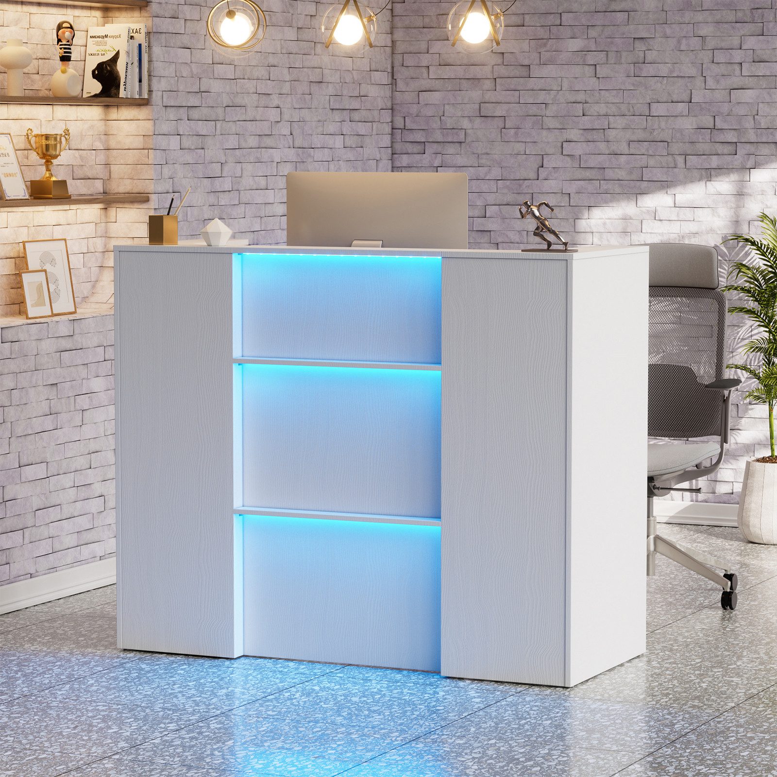 TWSOUL Empfangstheke mit LED, abschließbaren Schubladen und Einlegeböden, 120cm Weiß, Rezeptionstheke für Büro, Salon, Geschäft oder Café