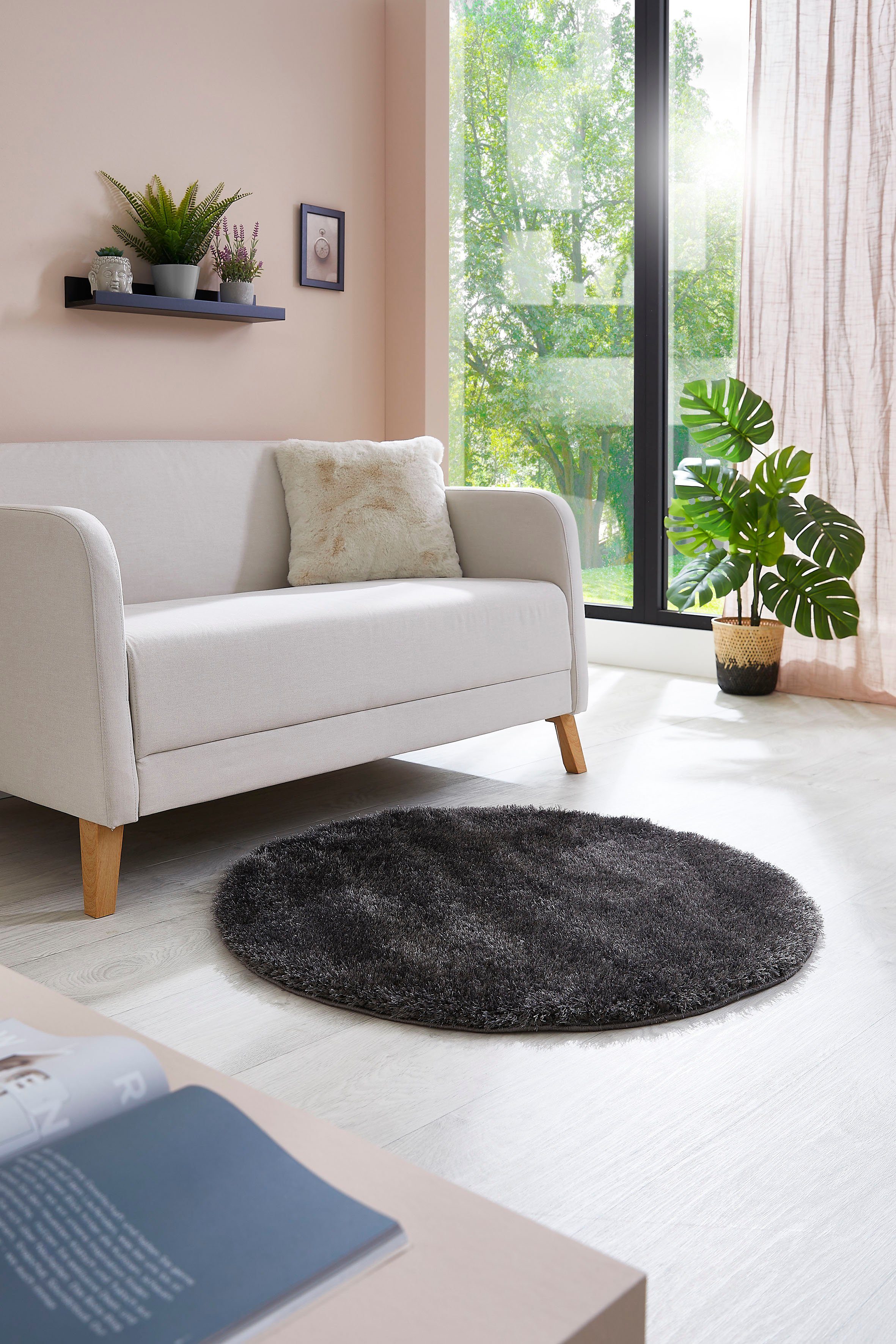 my home Hochflor-Teppich Lahti, rund, Höhe: 45 mm, Uni Farben, weich & kuschelig, ideal im Wohnzimmer & Schlafzimmer