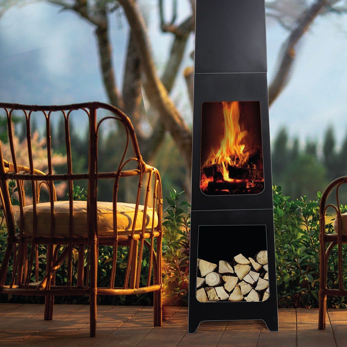 colourliving Echtfeuer-Dekokamin Gartenkamin mit schornstein Kamin für Garten Terrassenkamin aus Metall, Outdoorkamin mit Schornstein und Kaminholzfach