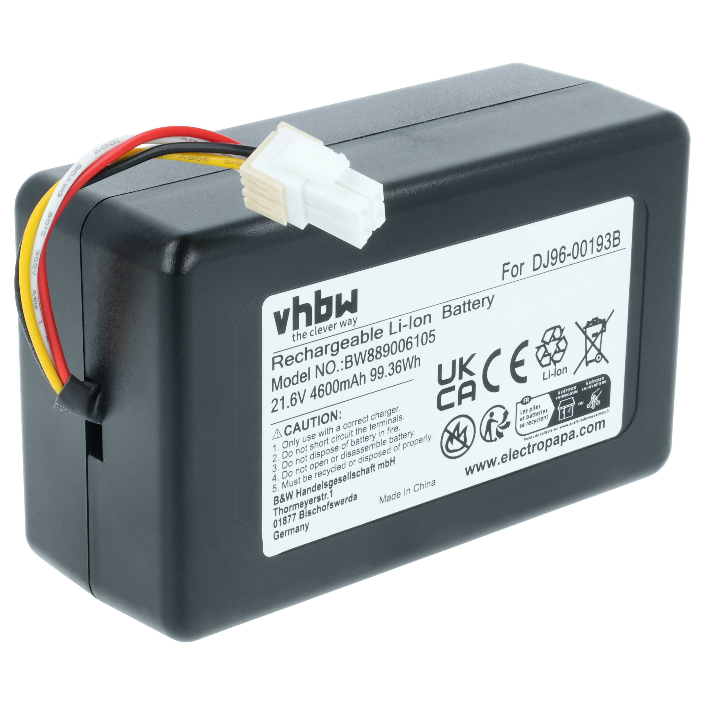 vhbw Akku passend für Samsung Powerbot VR1AM7040W9/AA, VR1AM7010UW/AA, Staubsauger-Akku Akku Li-Ion 4600 mAh (21,6 V, 1 St), Leistungsfähiger Austausch-Akku für Ihren Saugroboter