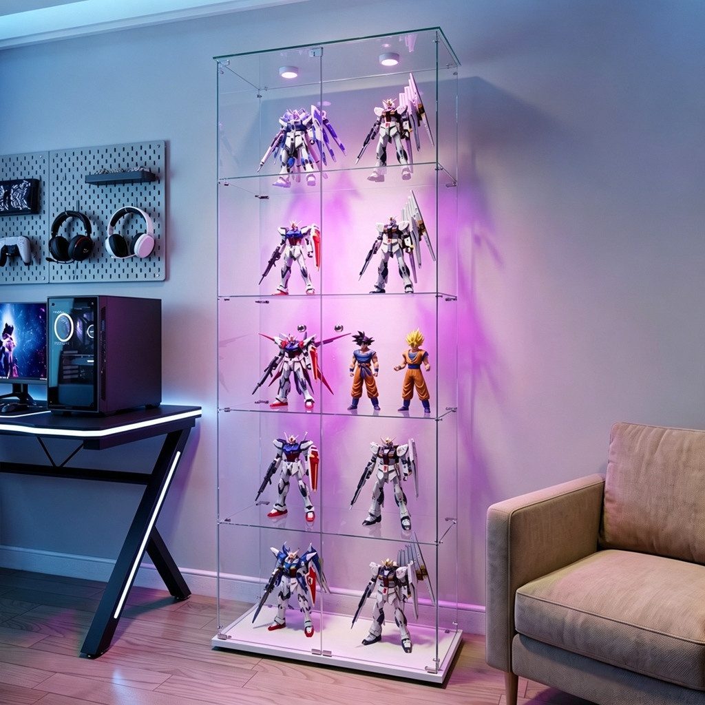Simurq Glasvitrine Standvitrinen mit LED-Beleuchtung, Modern Glas Vitrinenschrank (1-St,Glas Vitrine mit 2 Glastür und 5 Lagen,Standvitrine mit Schloss) Modern Glasvitrinen,Sammelvitrine aus Glas