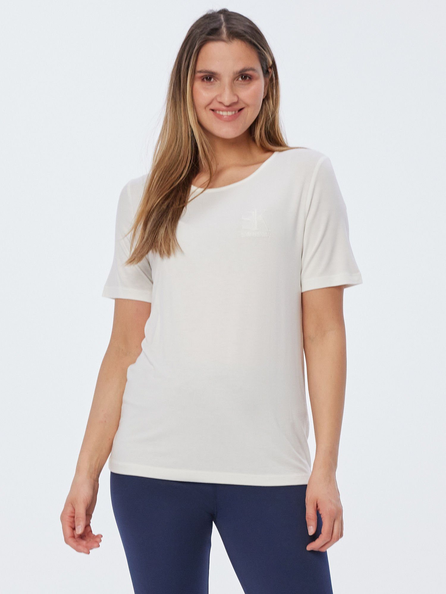 Sarah Kern Langarmshirt Rundhalsshirt koerpernah (Set, 2er Pack) mit Logo-Stickerei