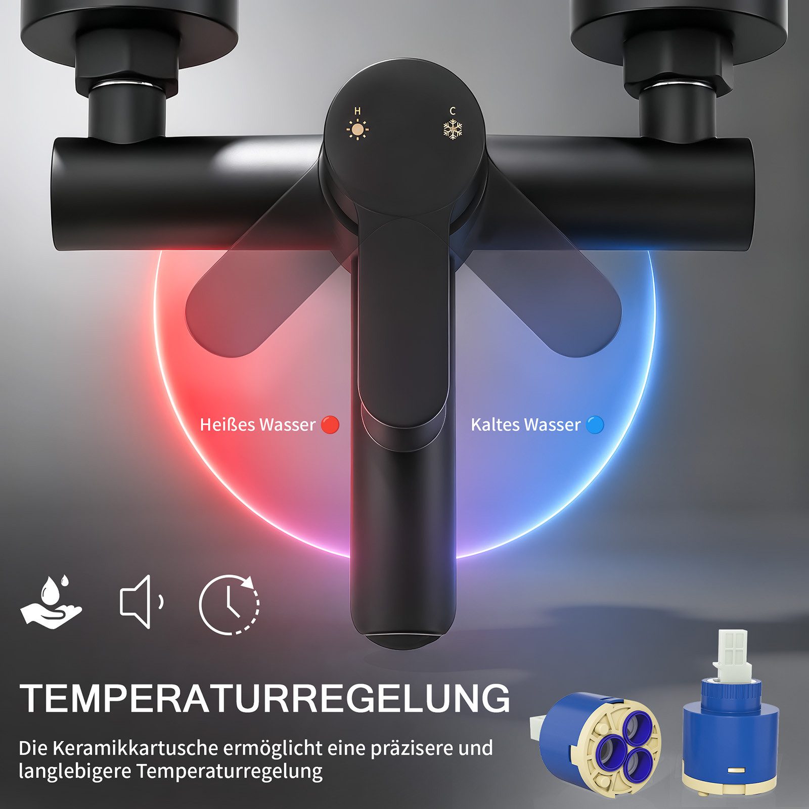HOMELODY Duschsystem Badewannenarmatur mit Duschset schwarz höhenverstellbar 6 Strahlarten, SUS304 Edelstahl Wannenarmatur mit Handbrause Filter und Ablage – Bild 2 von 5