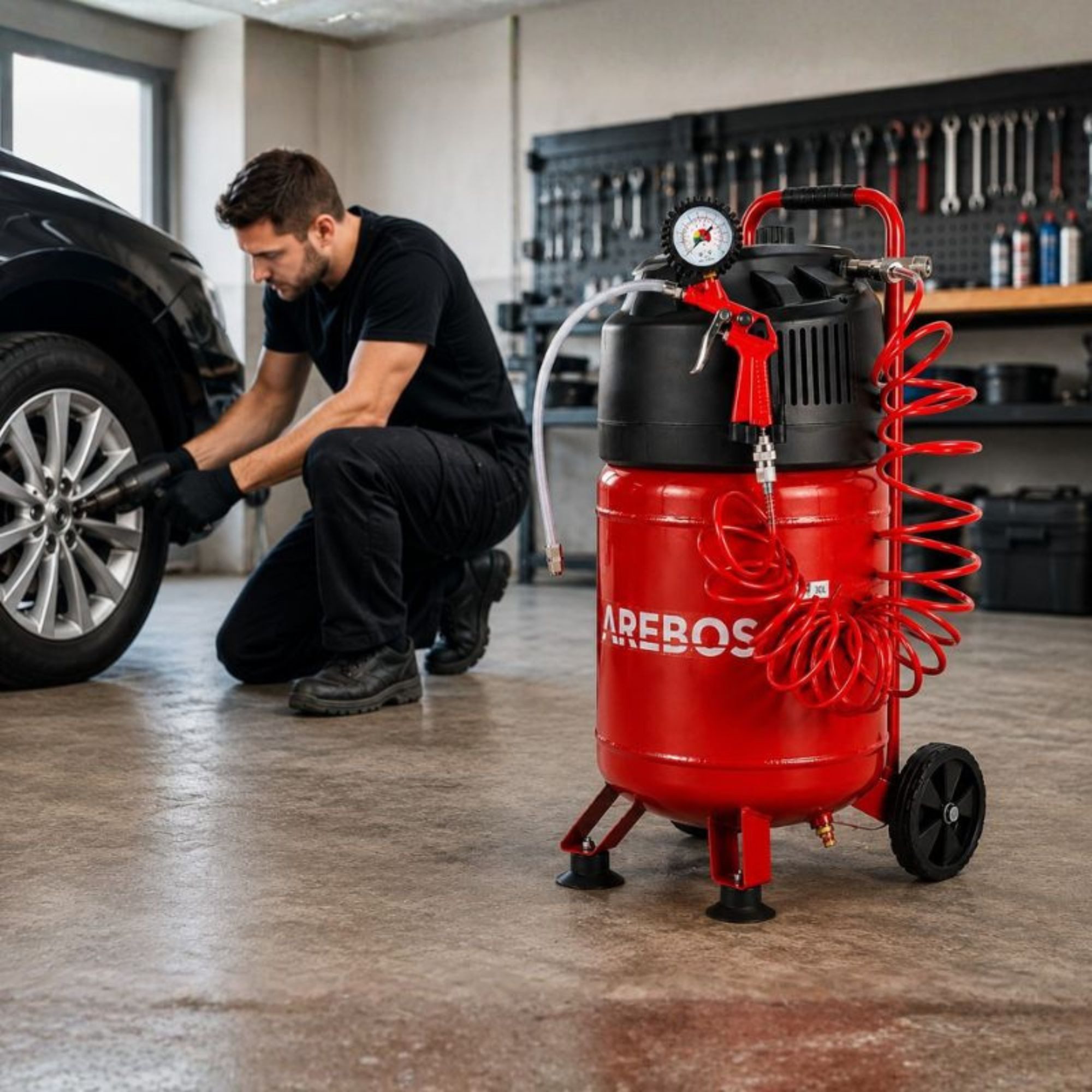Arebos Druckluftgeräte-Set 30L Druckluftkompressor stehend, inkl. Zubehör, Wartungsarm, 13-tlg., Ölfreier Kompressor für lange und wartungsarme Lebensdauer