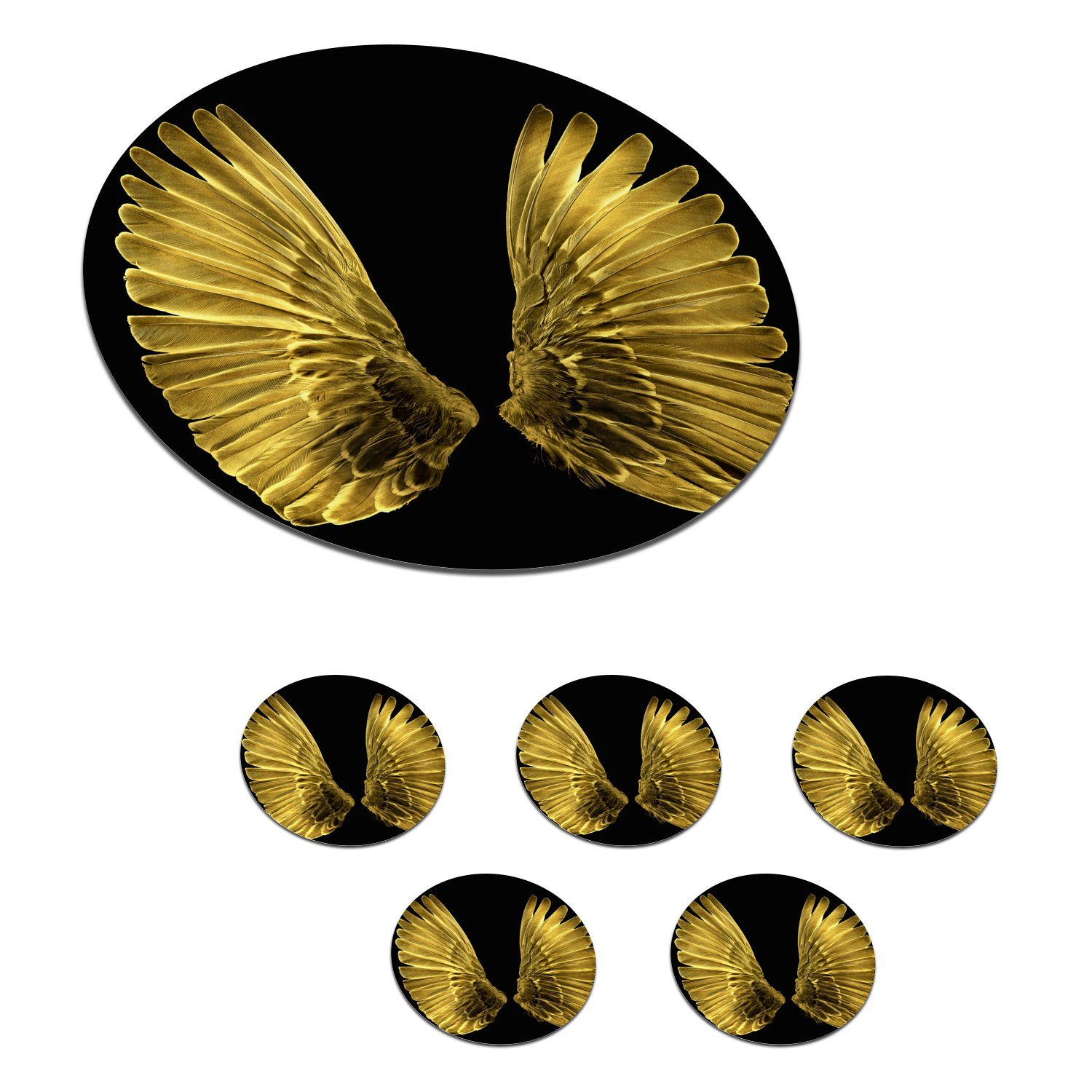 MuchoWow Glasuntersetzer Goldene Flügel auf schwarzem Hintergrund, Zubehör für Gläser, 6-tlg., Getränkeuntersetzer, Tassenuntersetzer, Korkuntersetzer, Tasse, Becher