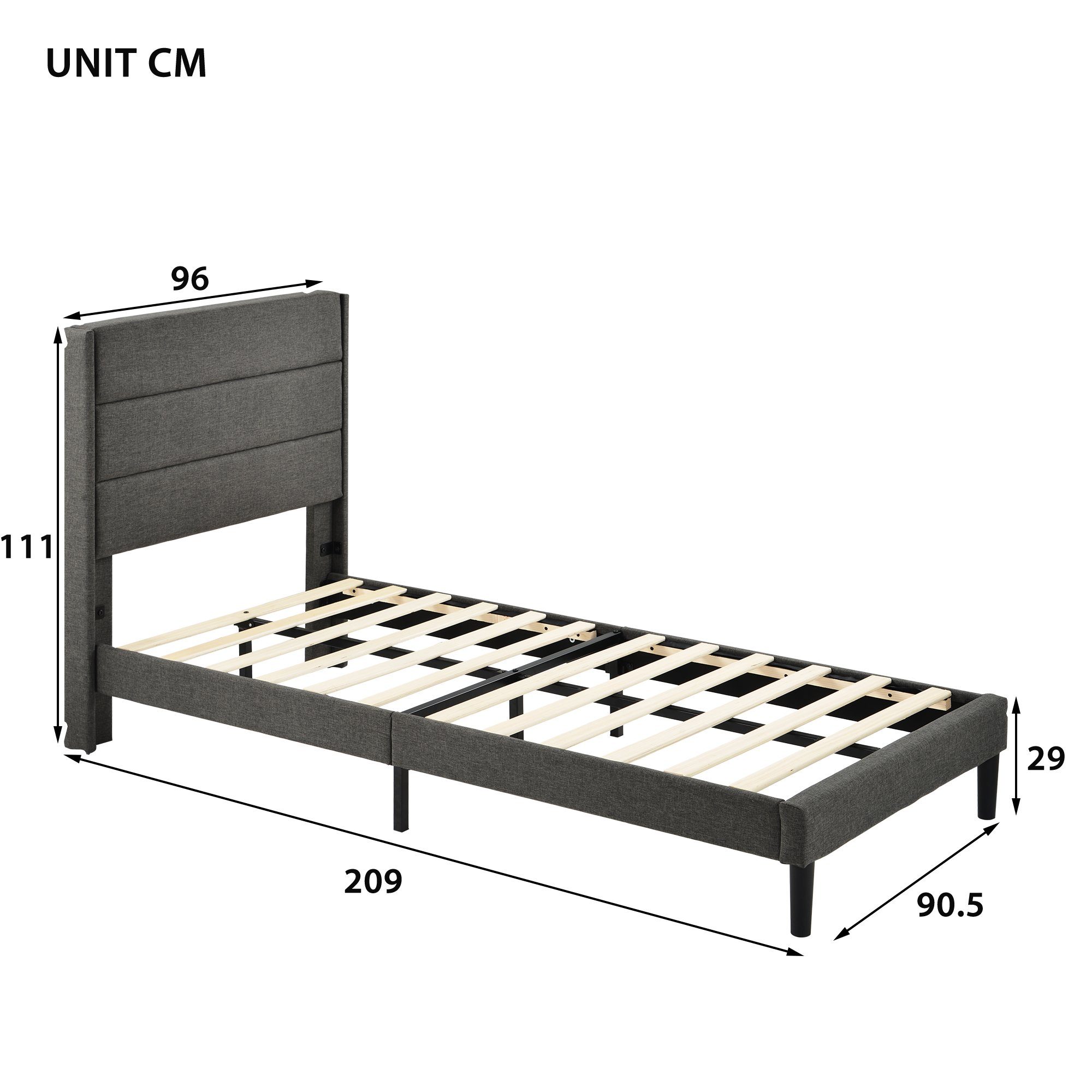 Hardware, & mit Einzelbett Kopfteil Lattenrost 200 Modernes Hochwertige Design, Bett), Ulife Polsterbett x cm Graues Langlebige (Packung, 1 Bettfüße 90