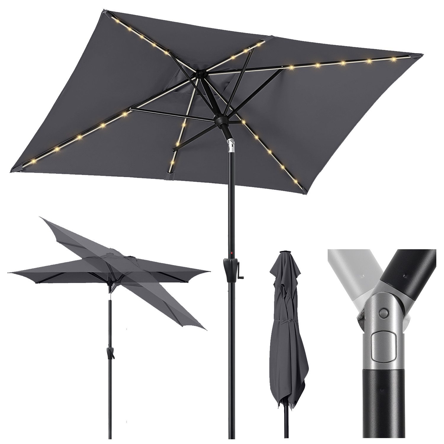 Sekey Sonnenschirm 210 x 140 cm Aluminum Sonnenschirm mit LED-Solar-Beleuchtung, LxB: 210,00x140 cm, UV50+ Sonnenschutz, kippbarer rechteckiger Gartenschirm mit Kurbel