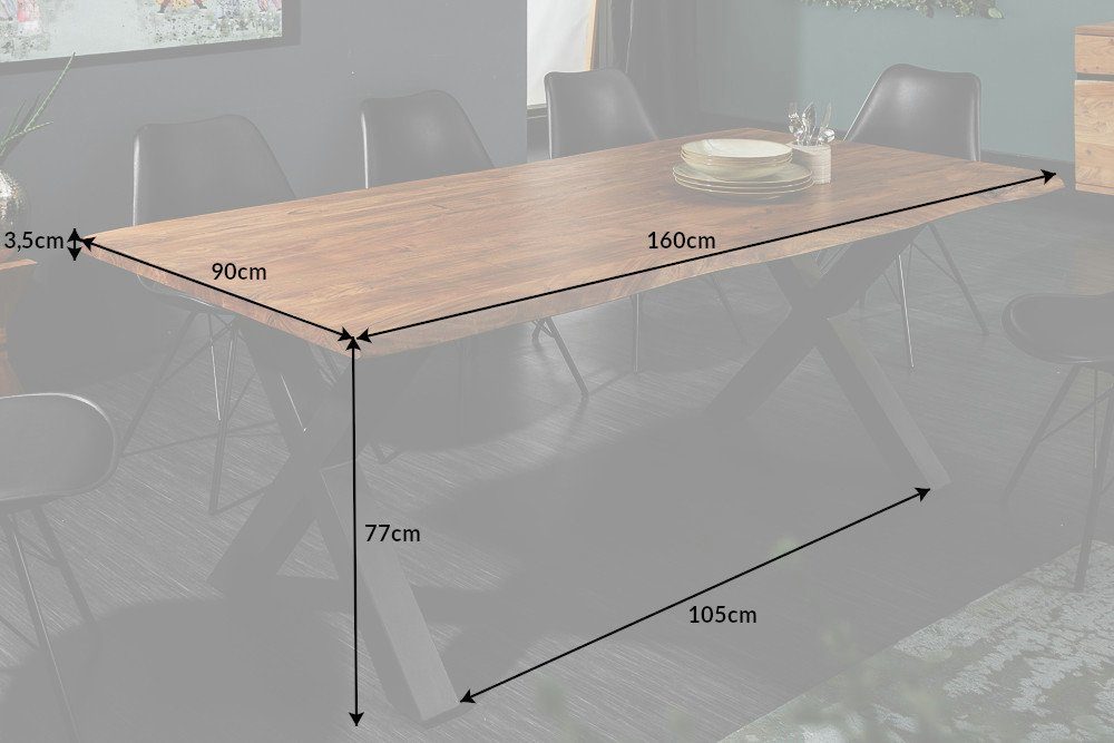 · X-Gestell 160cm Baumkante NATURE MAMMUT · Baumkantentisch Massivholz · riess-ambiente honigfarben, · 3,5cm Akazie Tischplatte