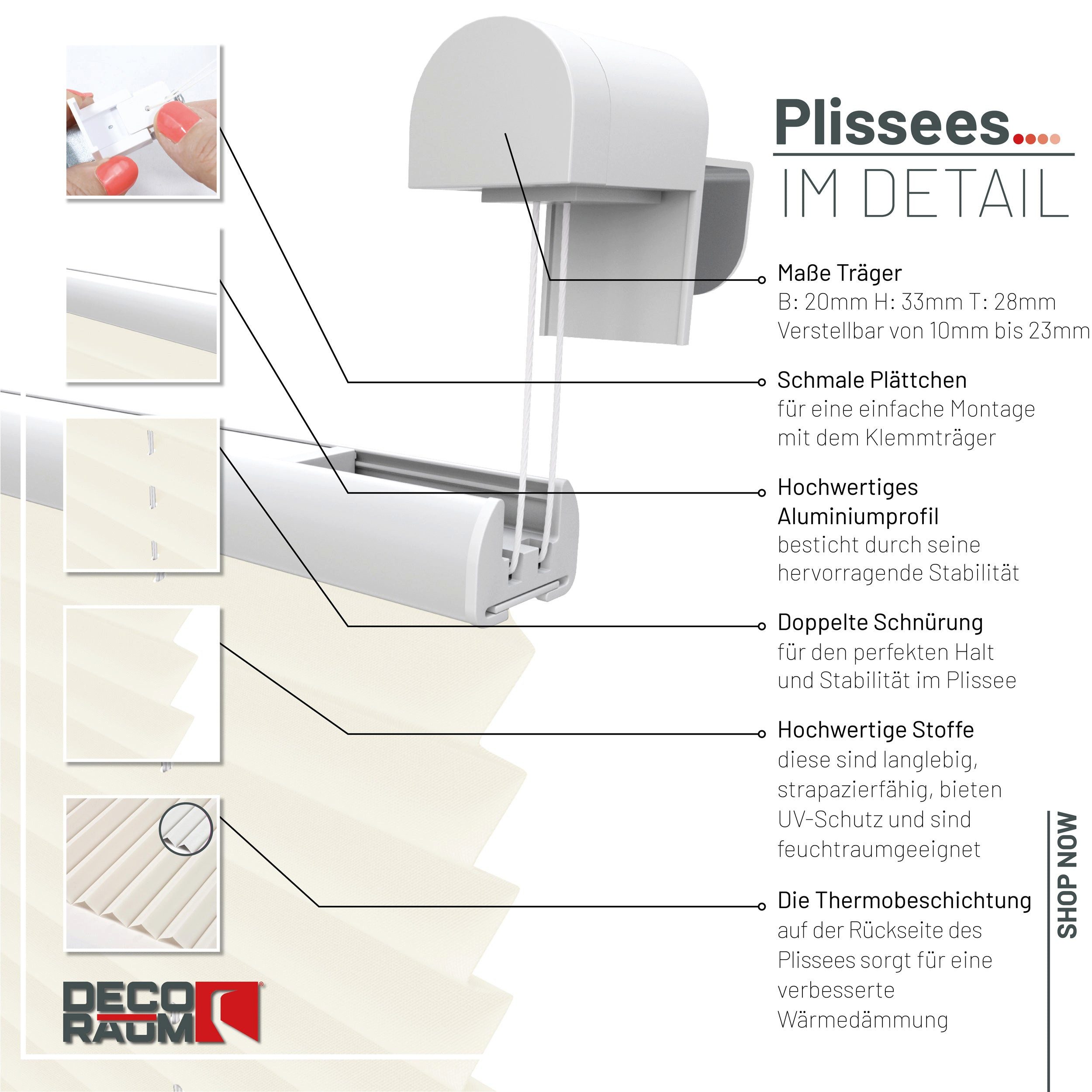 Deco-Raum Plissee Thermo Basic, abdunkelnd, Klemmträger, auf dem Fenster-/Türrahmen, Klemmfix, einfache Montage, in verschiedenen Farben und Größen ohne Bohren