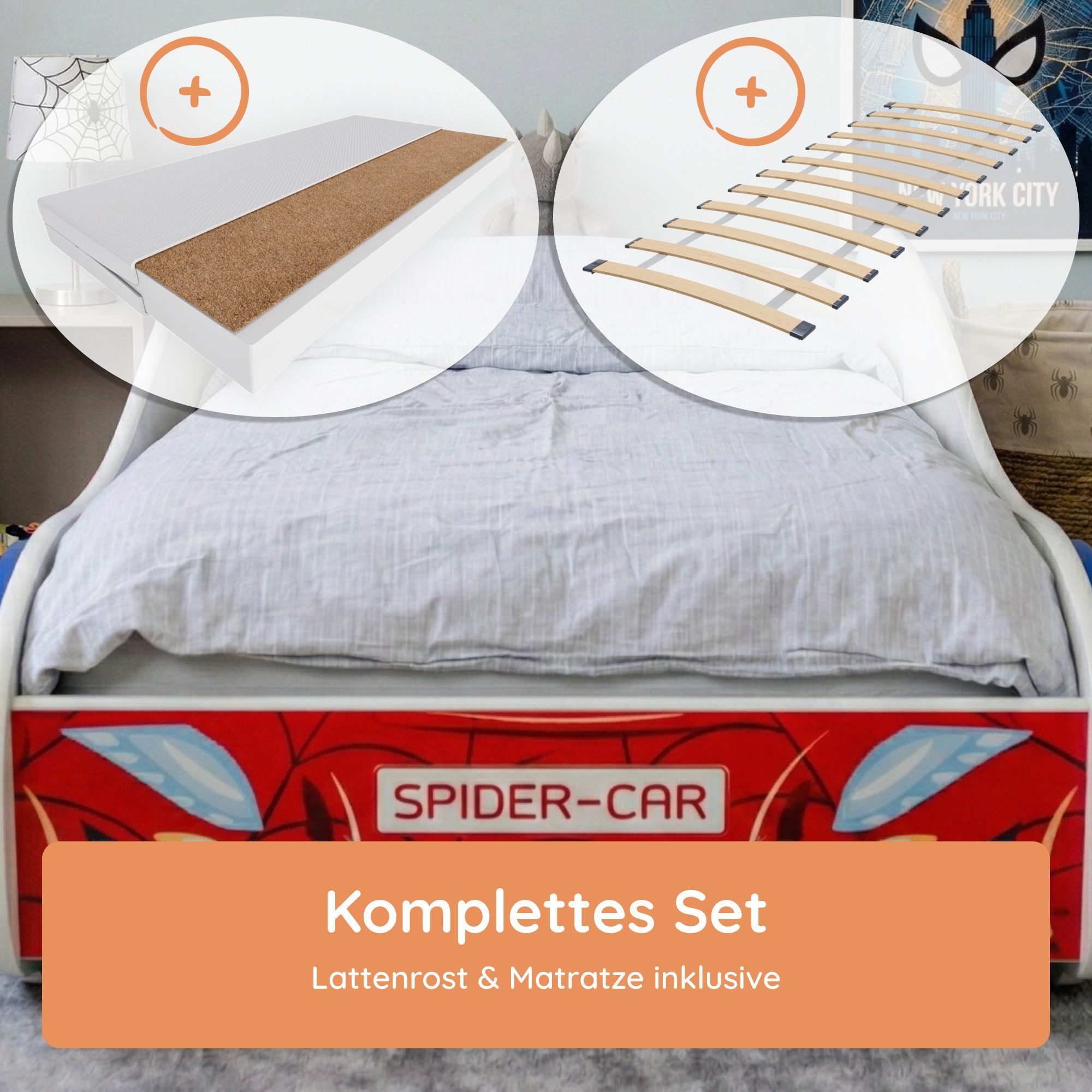 Kids Collective Kinderbett Kinderbett Jugendbett Spider 70x140, 80x160 cm mit Rausfallschutz, Autobett mit Matratze, Lattenrost und Fallschutz 70x140 cm – Bild 4 von 5