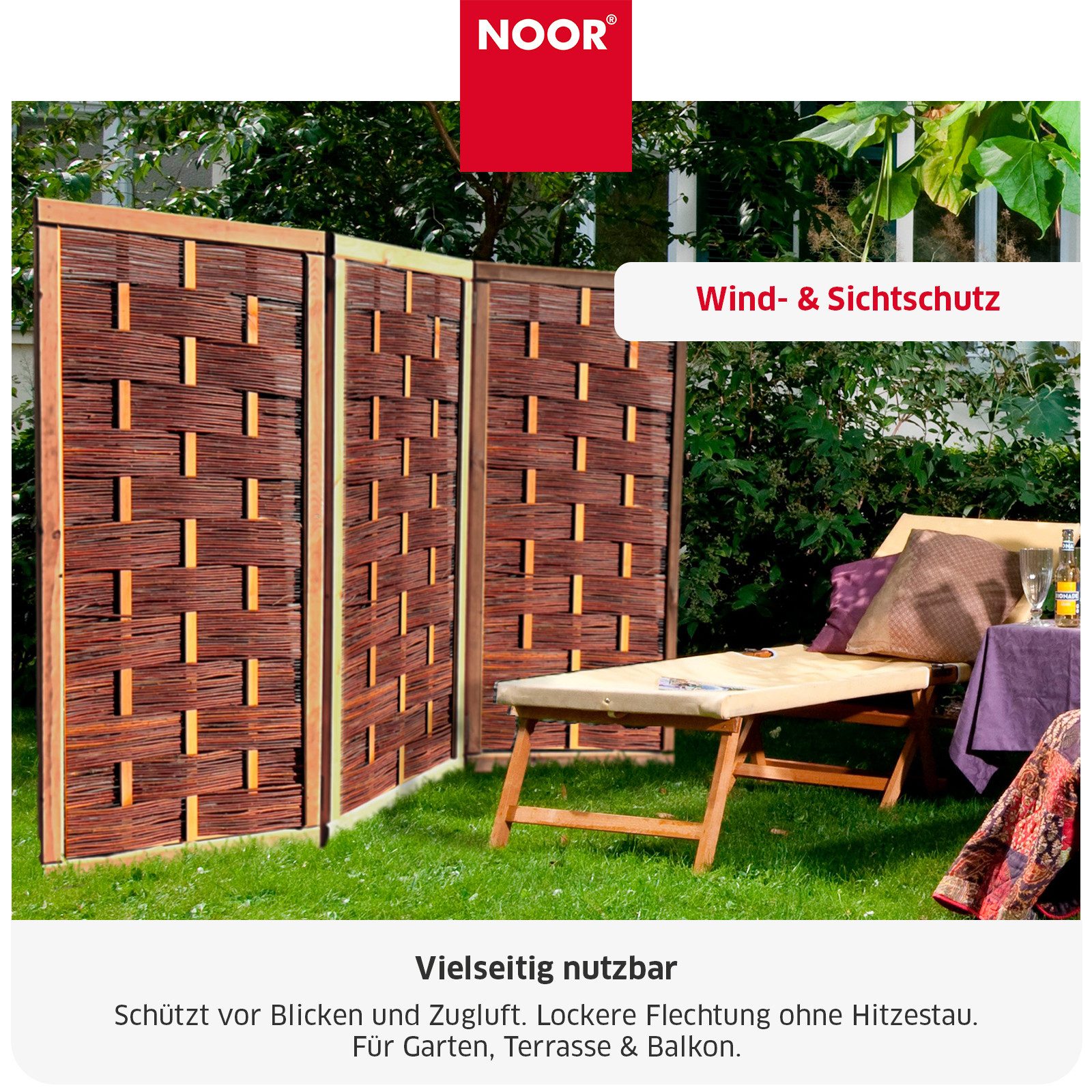 NOOR Paravent Weide DELUXE - klappbar - Sichtschutz-Module (3 St), hochwertiger Wind- und Sichtschutz für Garten, Terrasse und Balkon