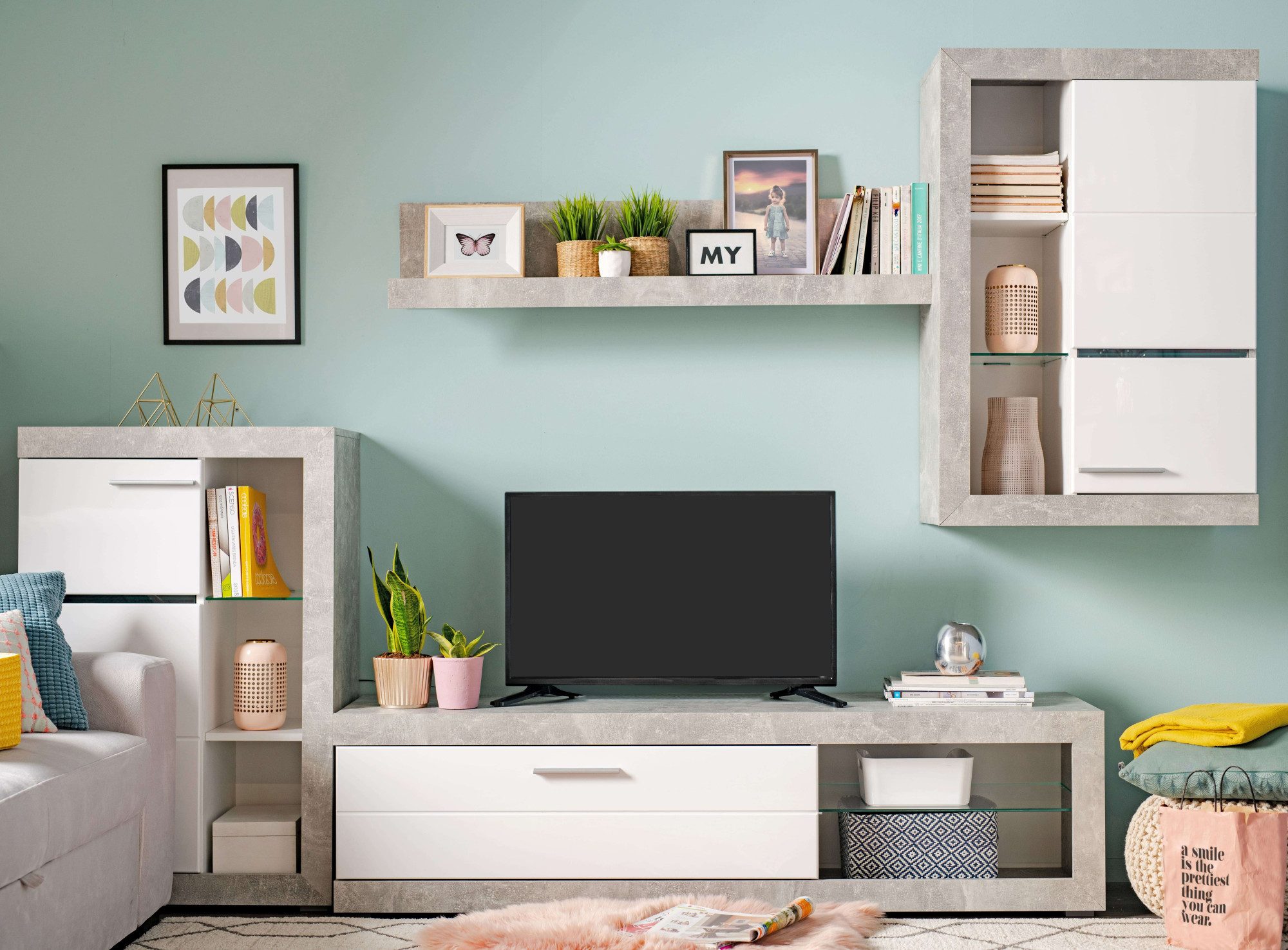 Home affaire Wohnzimmer-Set Rosso Wohnwand, Mediawand, Anbauwand, für TV bis 60', Breite 267 cm, (Komplett-Set, 4-St., 4-st), Set besteht aus Highboard, TV-board, Wandregal und Hängeschrank