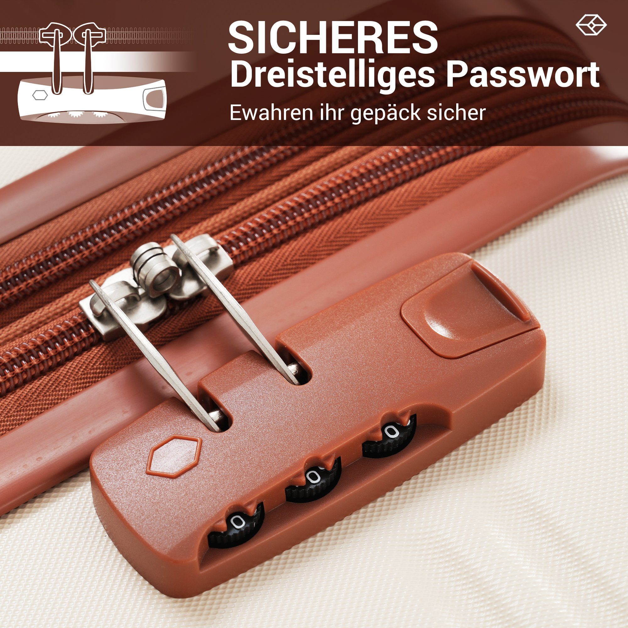 Set (3 Kofferset Handgepäck Reisekoffer Weiß+Braun Flieks Rollen, 4 Trolleyset, tlg), Hartschalentrolley