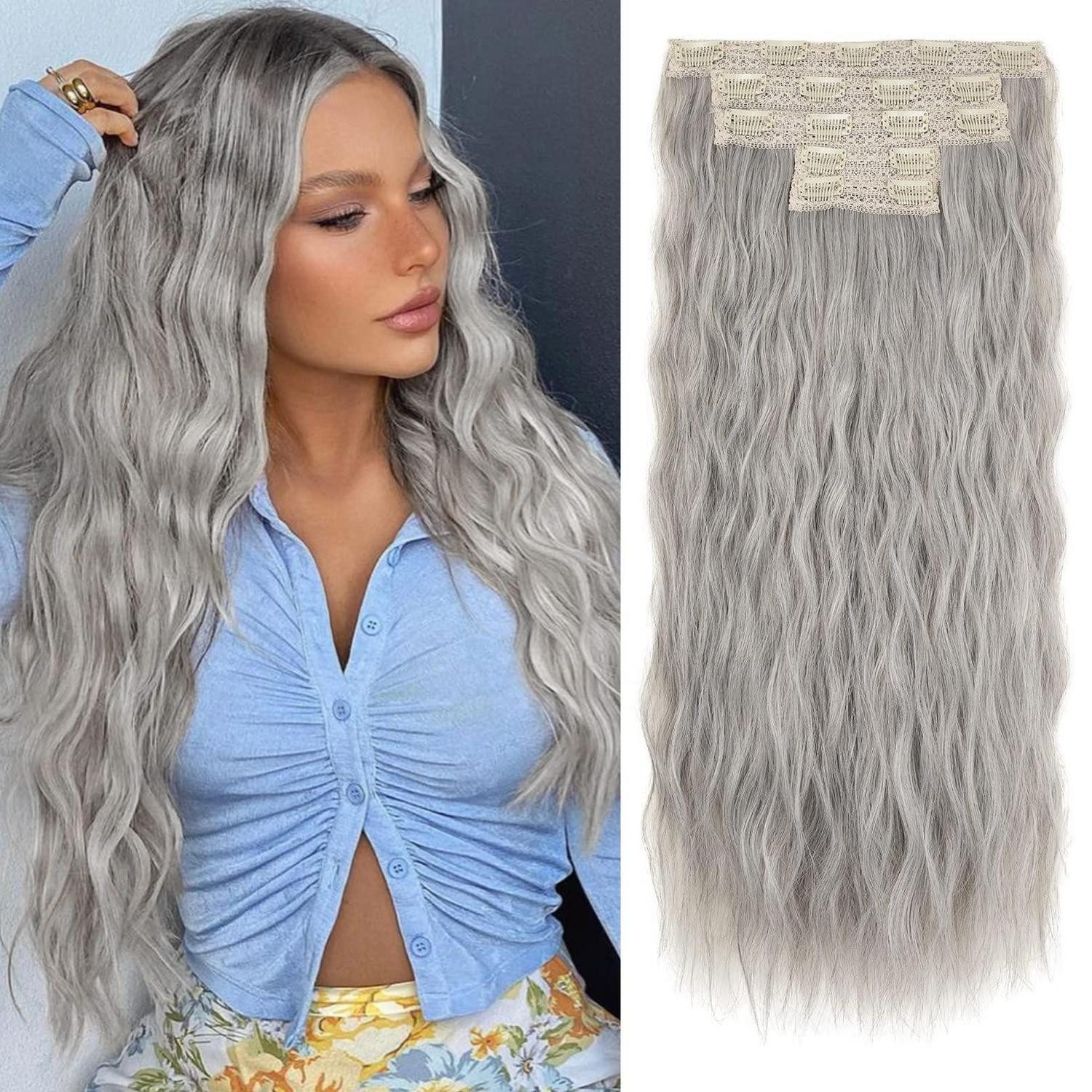LuxusKollektion Kunsthaar-Extension Haarverlängerungen ClipIn 60 cm 5 Teile aschblond Wellen Silber Grau
