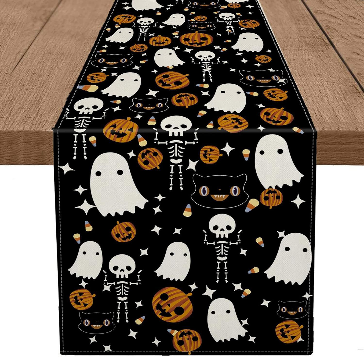 Sorvyzxn Tischläufer Halloween Tischläufer Leinen,Geister-Kürbis-Tischläufer, 33 × 183 cm, Tischdekoration für Zuhause, Küche, Esszimmer, Dinner, Innenbereich