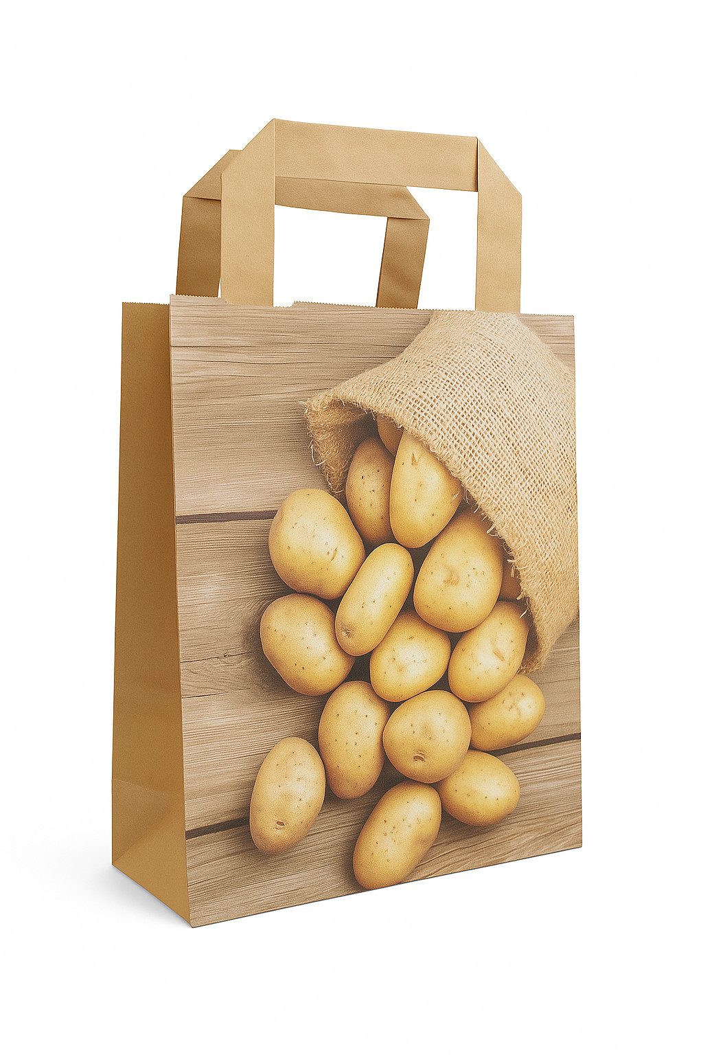 Tragetasche Papiertragetasche braun, "Kartoffeln" 90g/qm, 18 + 8 x 22 cm, nassfest (50-tlg)