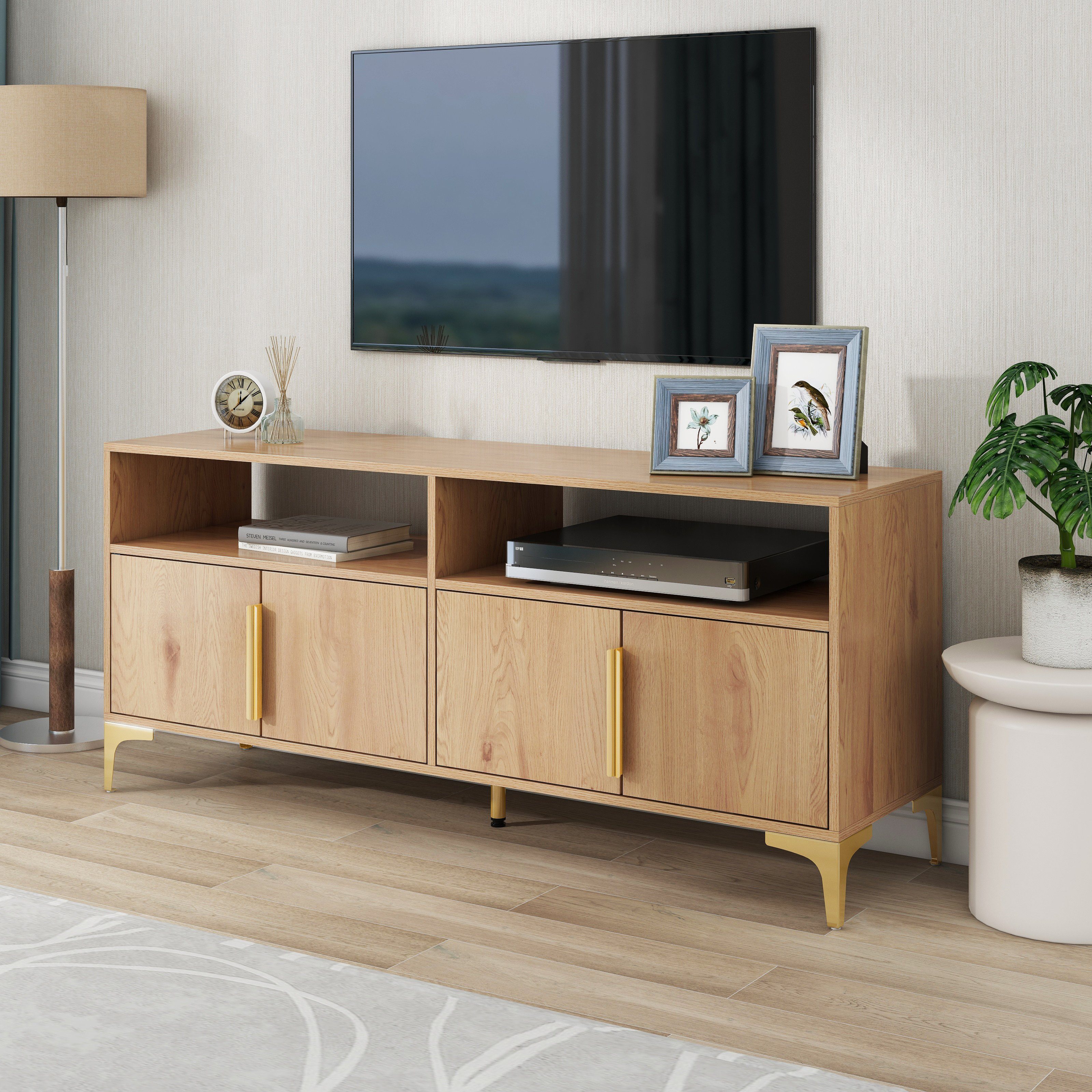 mit Sideboard, Breite: TV-Schrank Stauraum großen Merax im Lowboard Metallfüße, mit Landhausstil 147cm goldenen