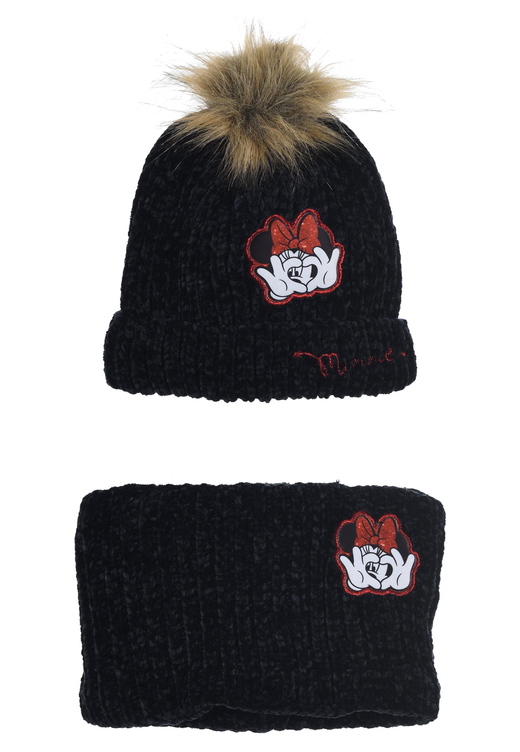 Disney Minnie Mouse Bommelmütze Mädchen Kinder Winter-Set 2 tlg. Mütze & Schlauchschal (SET)