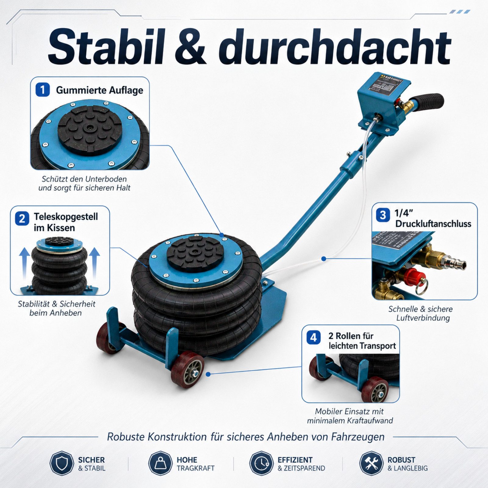 Bituxx Wagenheber Pneumatisch 3T Blau, max. Hubhöhe: 40 cm, MS-17230, 1/4 Zoll Druckluftanschluss