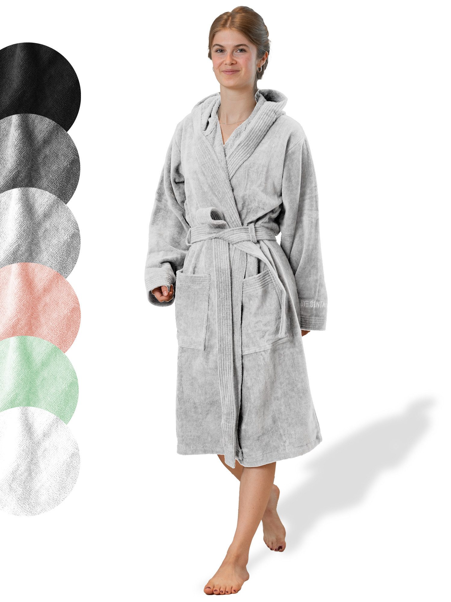 SIEGENTHAL Damenbademantel SIEGENTHAL® Damen Bademantel Frottee Velour Kapuze Flauschig Knielang, Kapuze, Gürtel, saugfähigem Frottee,Pflegeleicht und langlebig,praktische Taschen