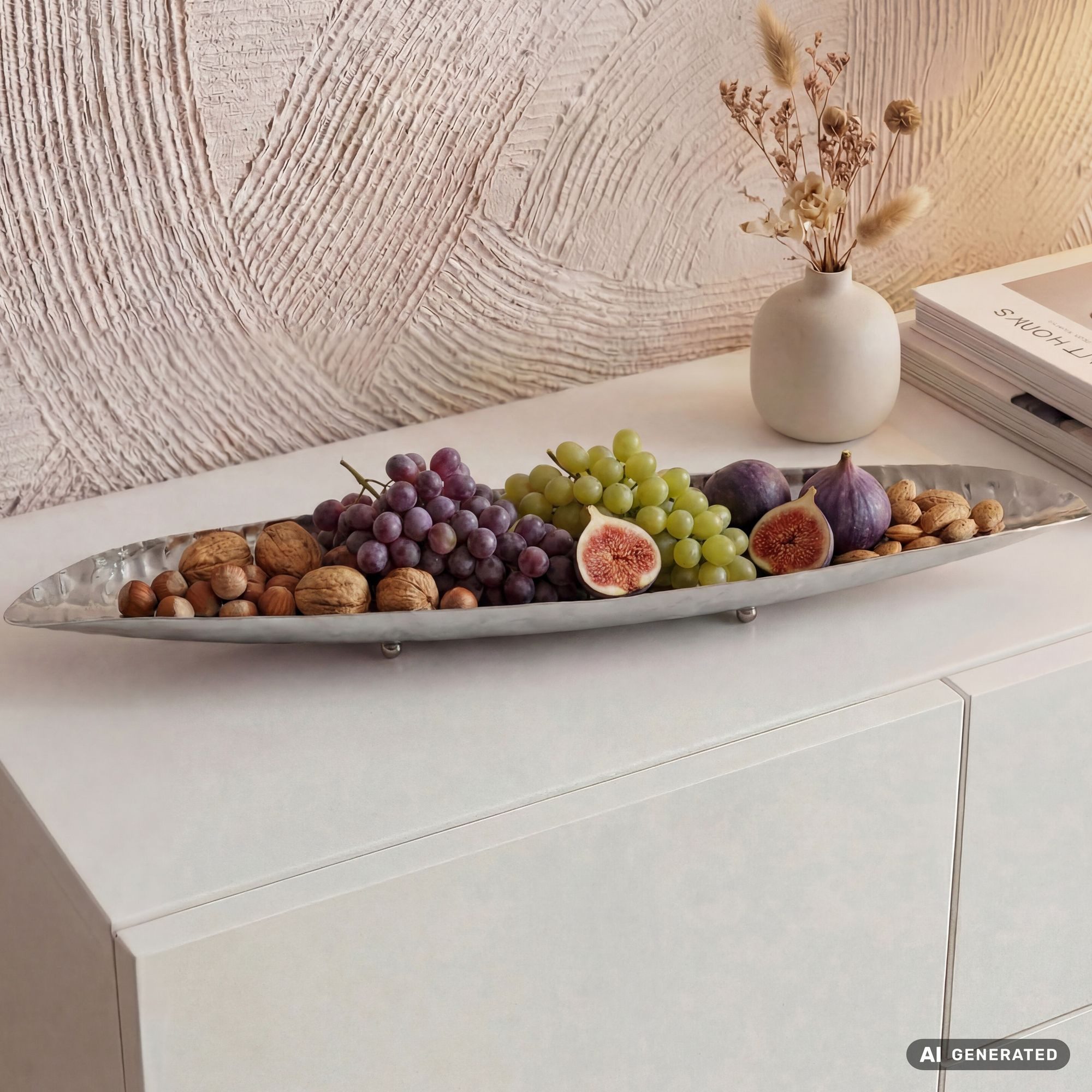FINEBUY Obstschale FB85114 Früchtekorb Metall Silber 65,5cm Dekoschale Obstkorb Oval, Aluminium, (Schöne Früchteschale in schicker Bootform), Längliche Dekoschale aus lackiertem Aluminium