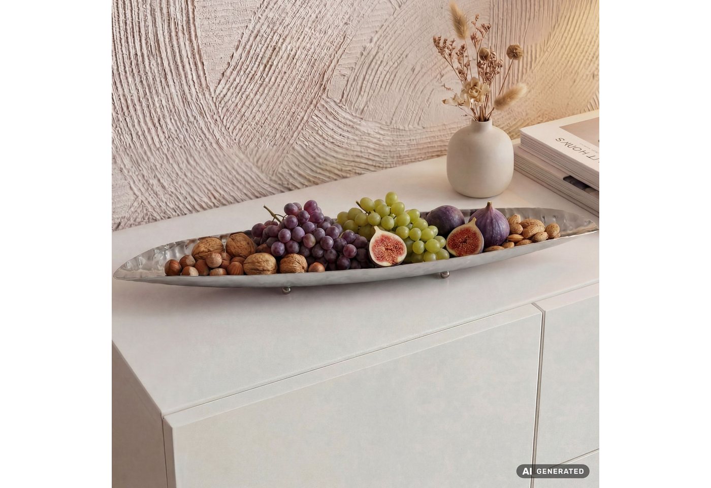 FINEBUY Obstschale FB85114 Früchtekorb Metall Silber 65,5cm Dekoschale Obstkorb Oval, Aluminium, (Schöne Früchteschale in schicker Bootform), Längliche Dekoschale aus lackiertem Aluminium