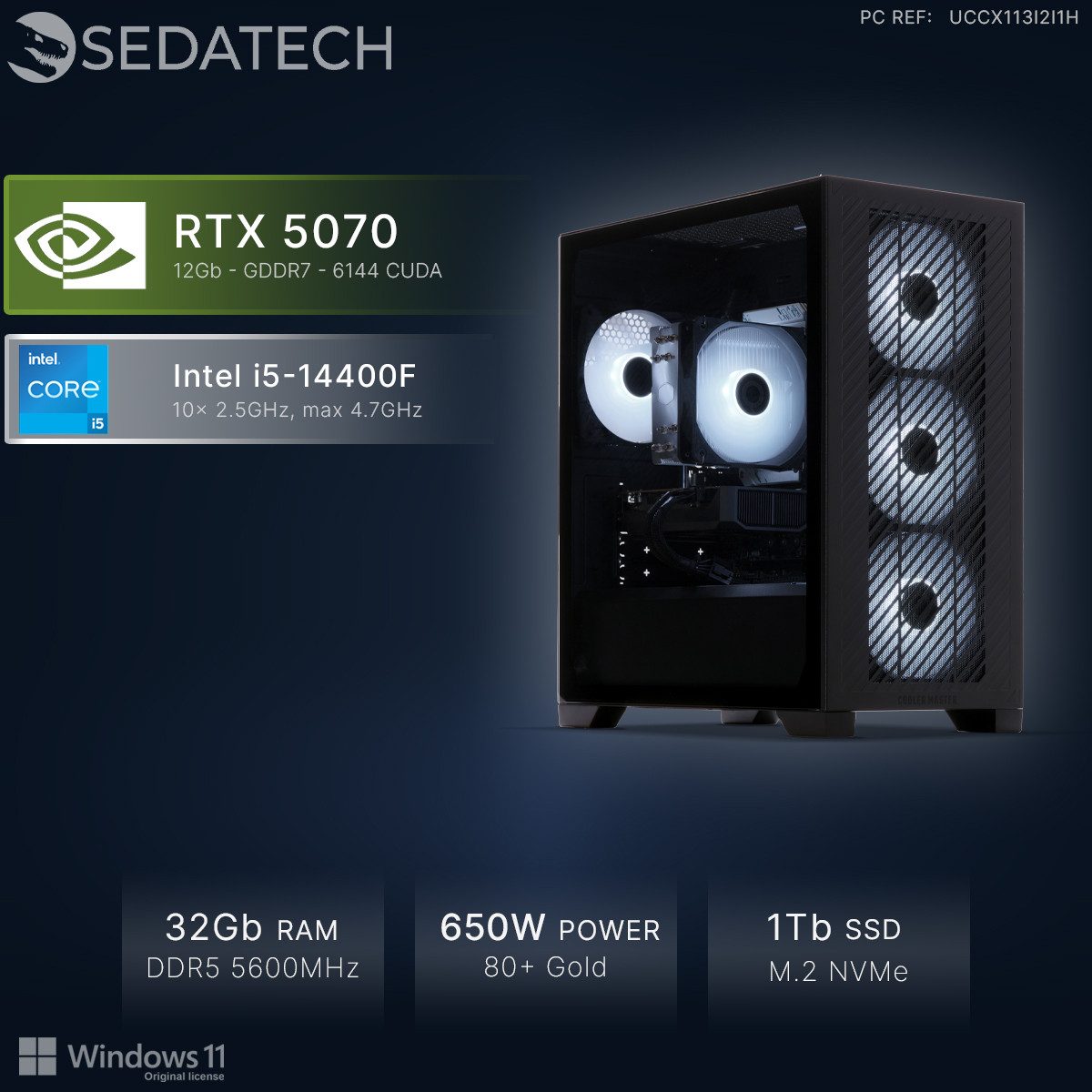 Sedatech UCCX113I2I1HF - Gaming-PC (Intel Core i5 14400F 10x 2.5GHz (max 4.7GHz), Geforce RTX5070 12GB, 32 GB RAM, 1000 GB SSD, Wlan 6E)