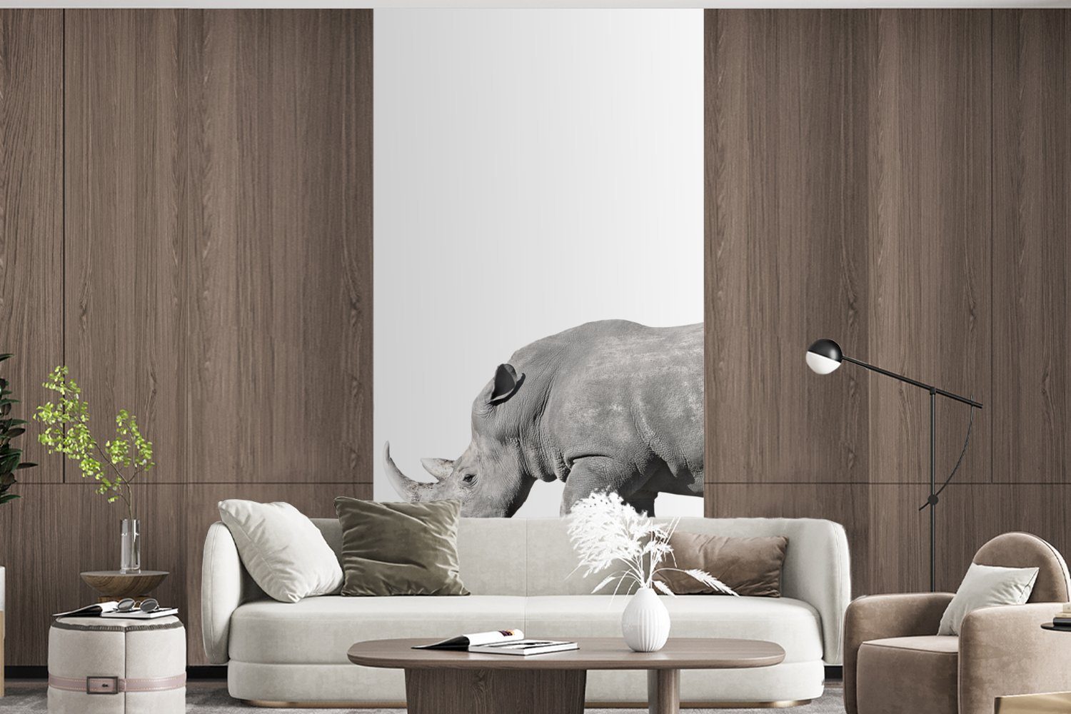 MuchoWow Fototapete Rhinozeros Schlafzimmer St), Weiß, (2 Fototapete - Tiere Vliestapete für Küche, Matt, Wohnzimmer - bedruckt