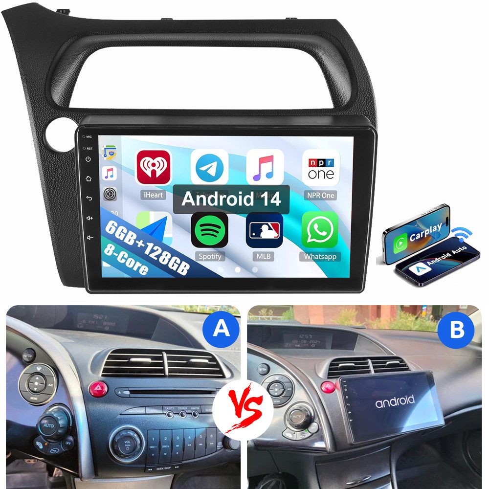 ESSGOO Für Honda Civic VIII Hatchback 2006-2011 6+128G Android 15 Autoradio (Digitalradio (DAB), RDS, FM, AM, Apple Carplay Android Auto GPS WIFI BT 5.0 4G LTE)