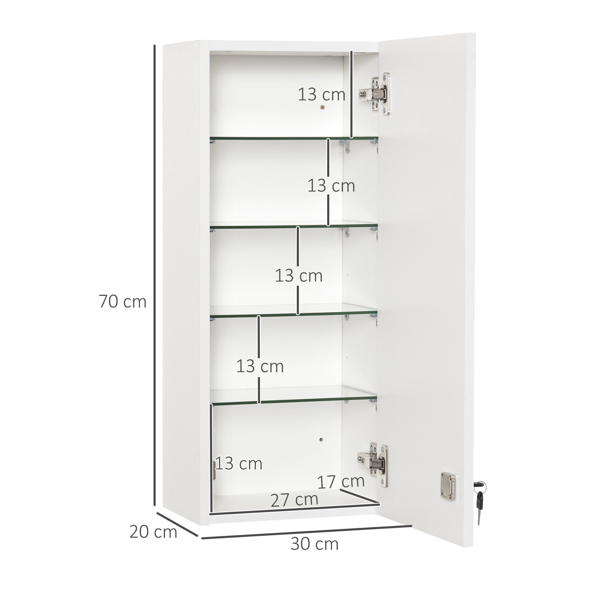 Kleankin Medizinschrank Hängeschrank mit verstellbarer Ablage (Erste-Hilfe-Schrank, 1-St., Medikamenteschrank) Weiß 30 x 20 x 70 cm