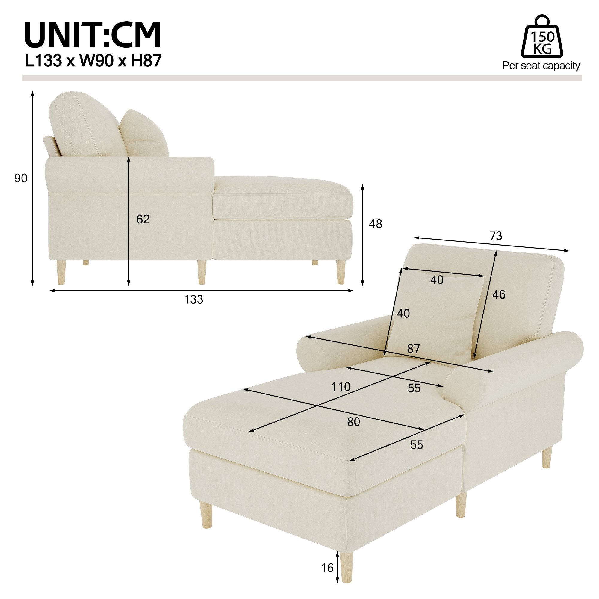 Ulife Sessel Klappbarer Schlafsessel & Bequemer Lesesessel, 73x133x90cm (1-St), Samtbezogener Lounge-Sessel für Wohn- und Schlafzimmer