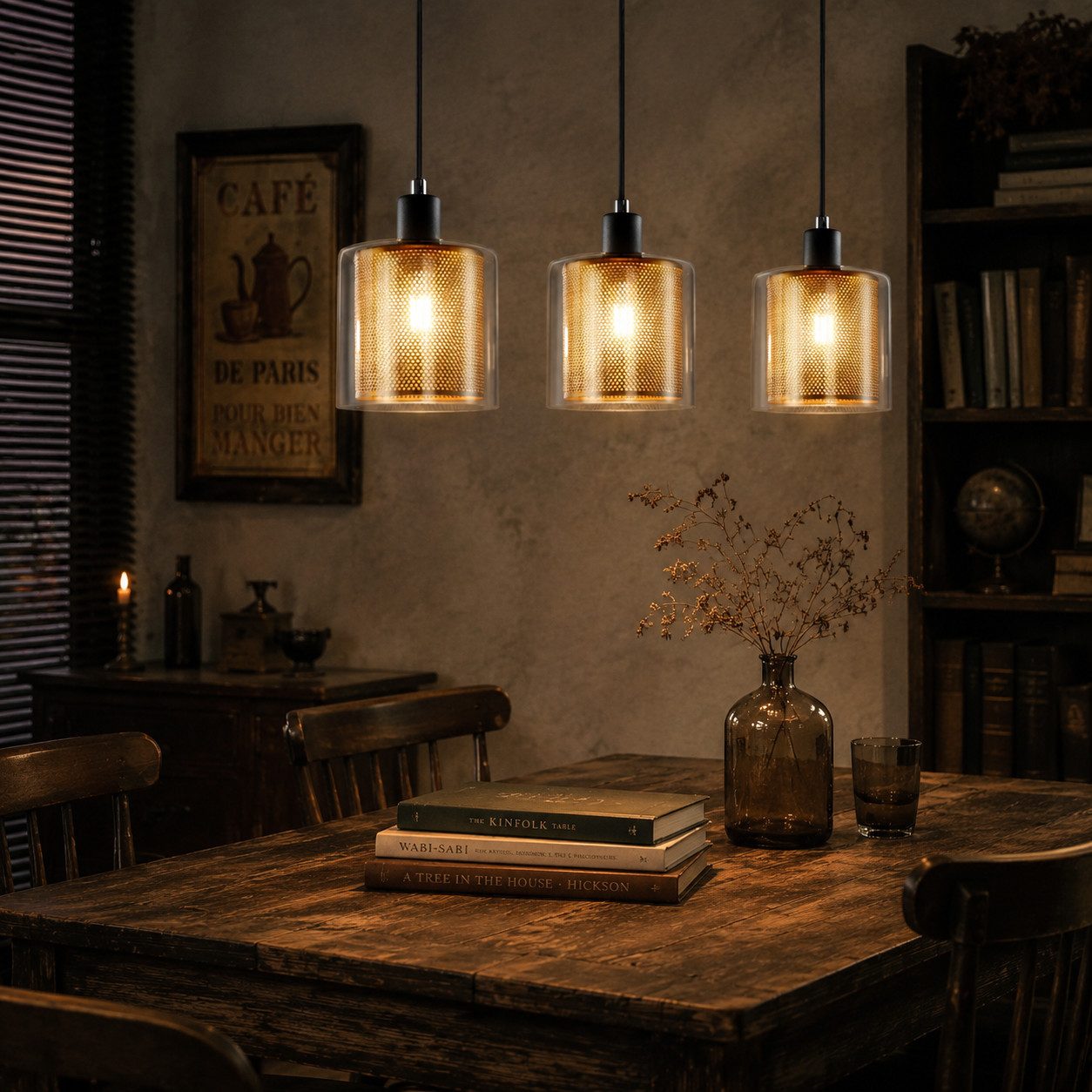 Nettlife Pendelleuchte Gold 3-flammig Glasschirmen Käfig-Design Retro Hängelampe, ohne Leuchtmittel, für Esstisch Wohnzimmer höhenverstellbar warmes Lich