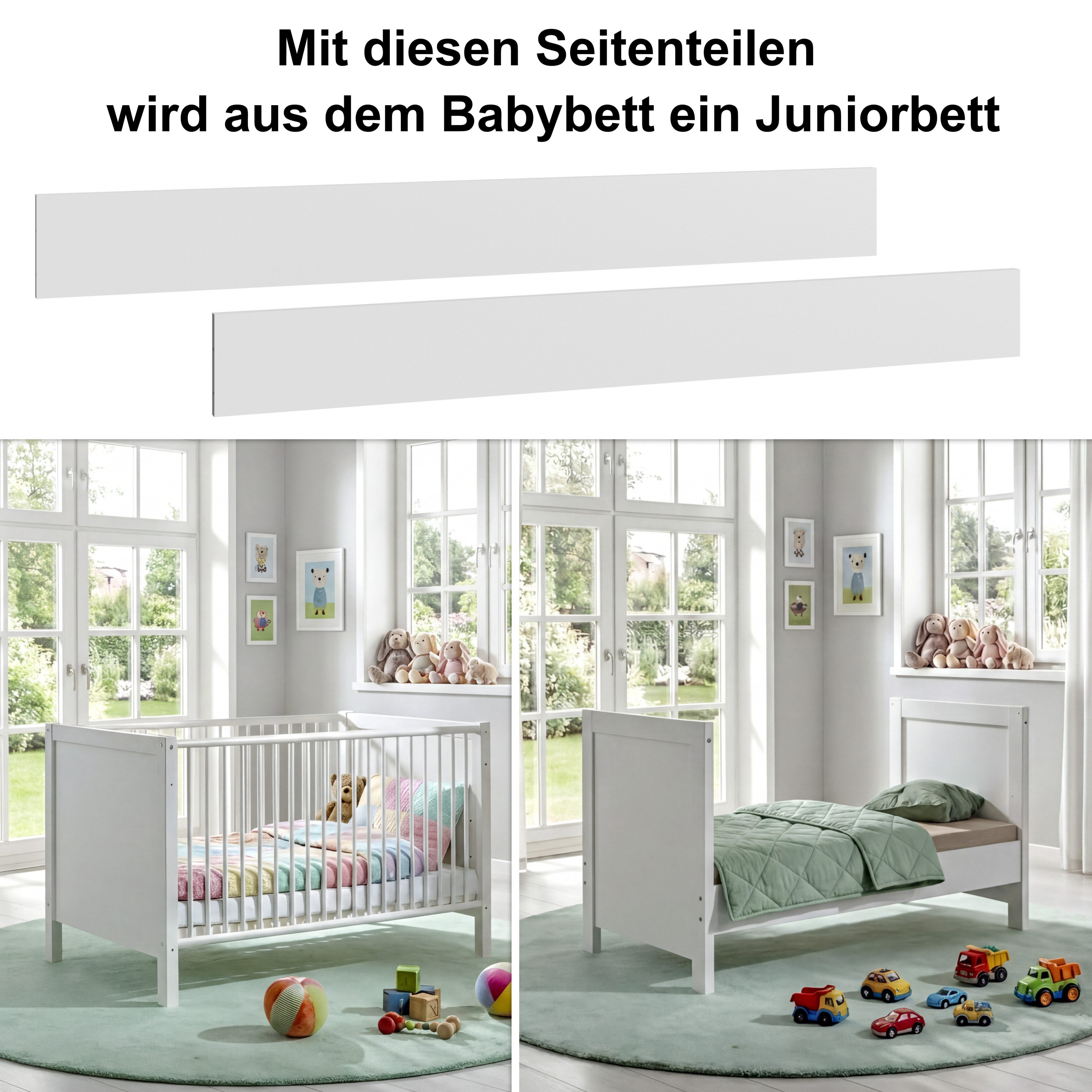 luma-home Bettanlage 22800-01, (Ergänzung zu Babyzimmer-Sets Art.-Nr. 22800, 22801, 22802, 22803, 22804), Zubehör: 2 Seitenteile für Umbau zum Juniorbett, B140/H19/T2 cm, Weiß