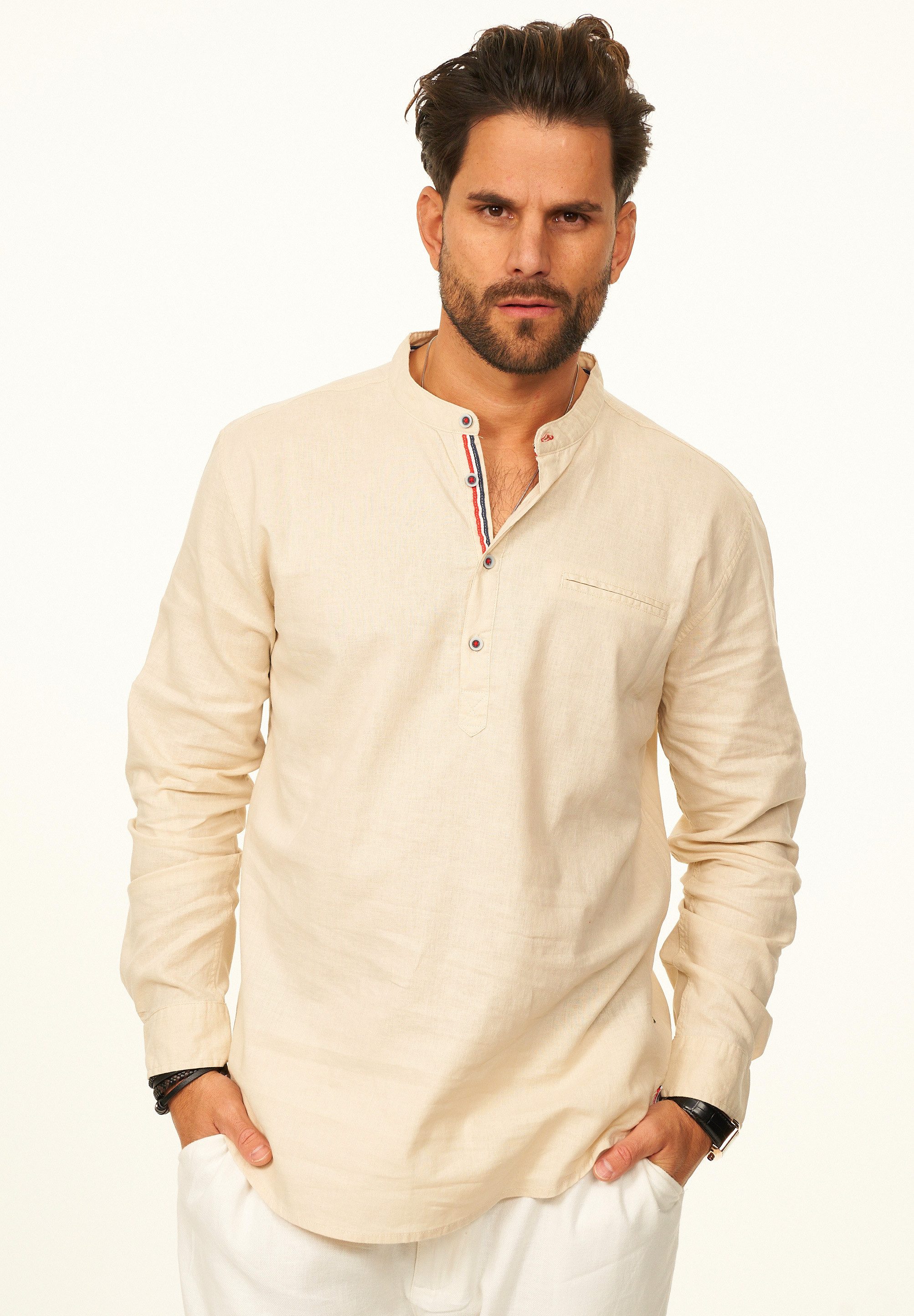 behype Langarmhemd aus Leinen im Regular-Fit Tunikahmed Herren Leinenhemd Freizeithemd mit Stehkragen als Sommerhemd