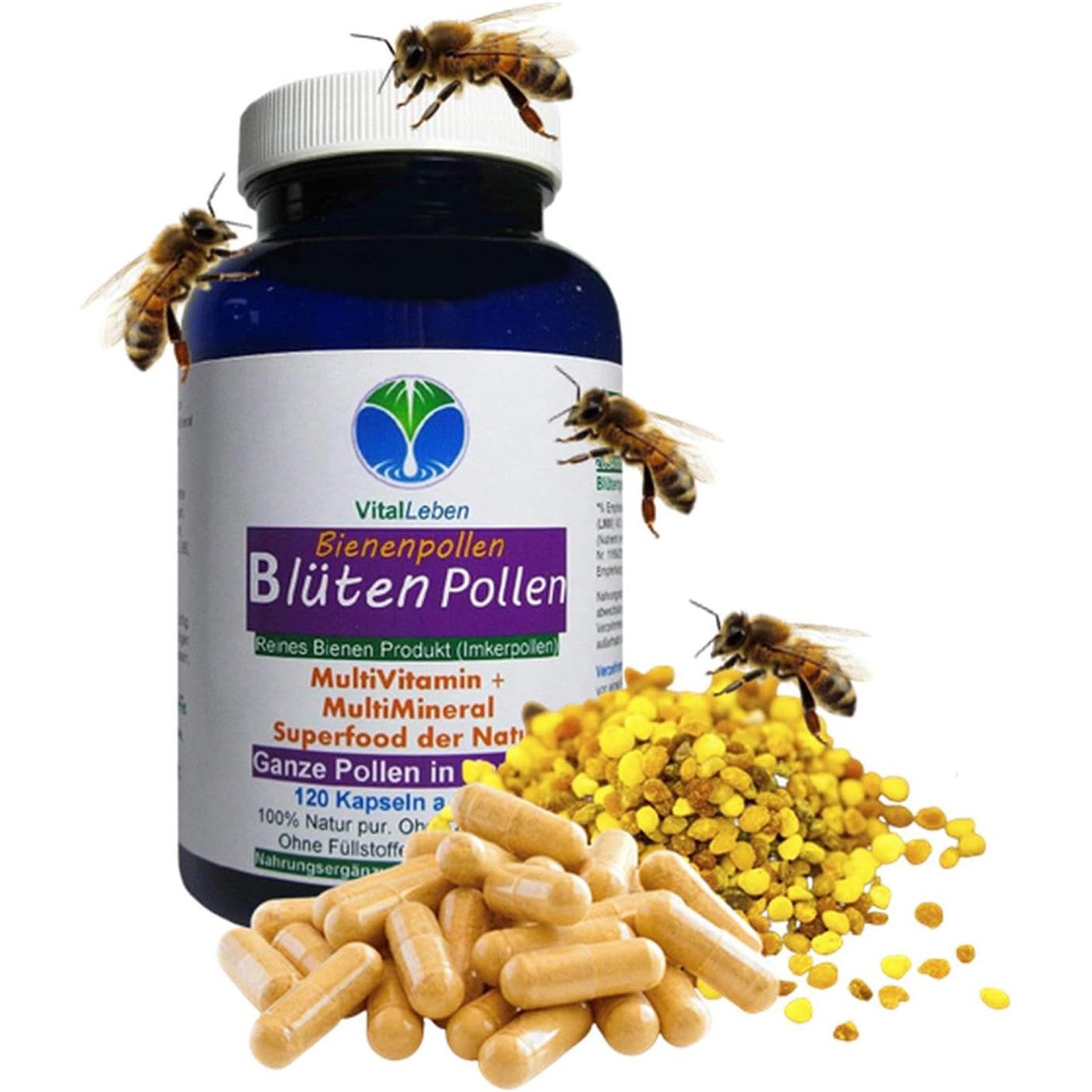 VitalLeben BLÜTENPOLLEN - GANZE Bienenpollen Multi-Vitamin & Multi-Mineral Kapseln, 1 er Dose à 120 St., 60 g, Art. 26925-120