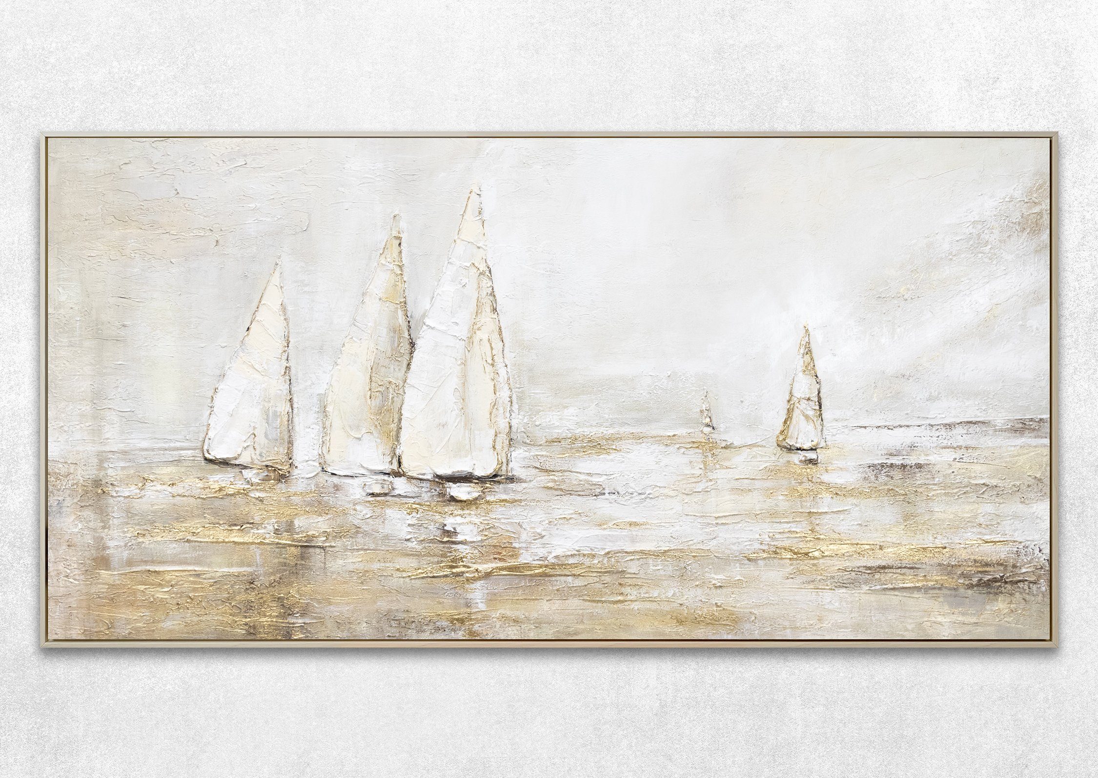 in Wasser Mit Bild Meer Sonnenblendung, Landschaftsbilder, Beige Rahmen Leinwand Segelboote Handgemalt YS-Art Gold Gemälde