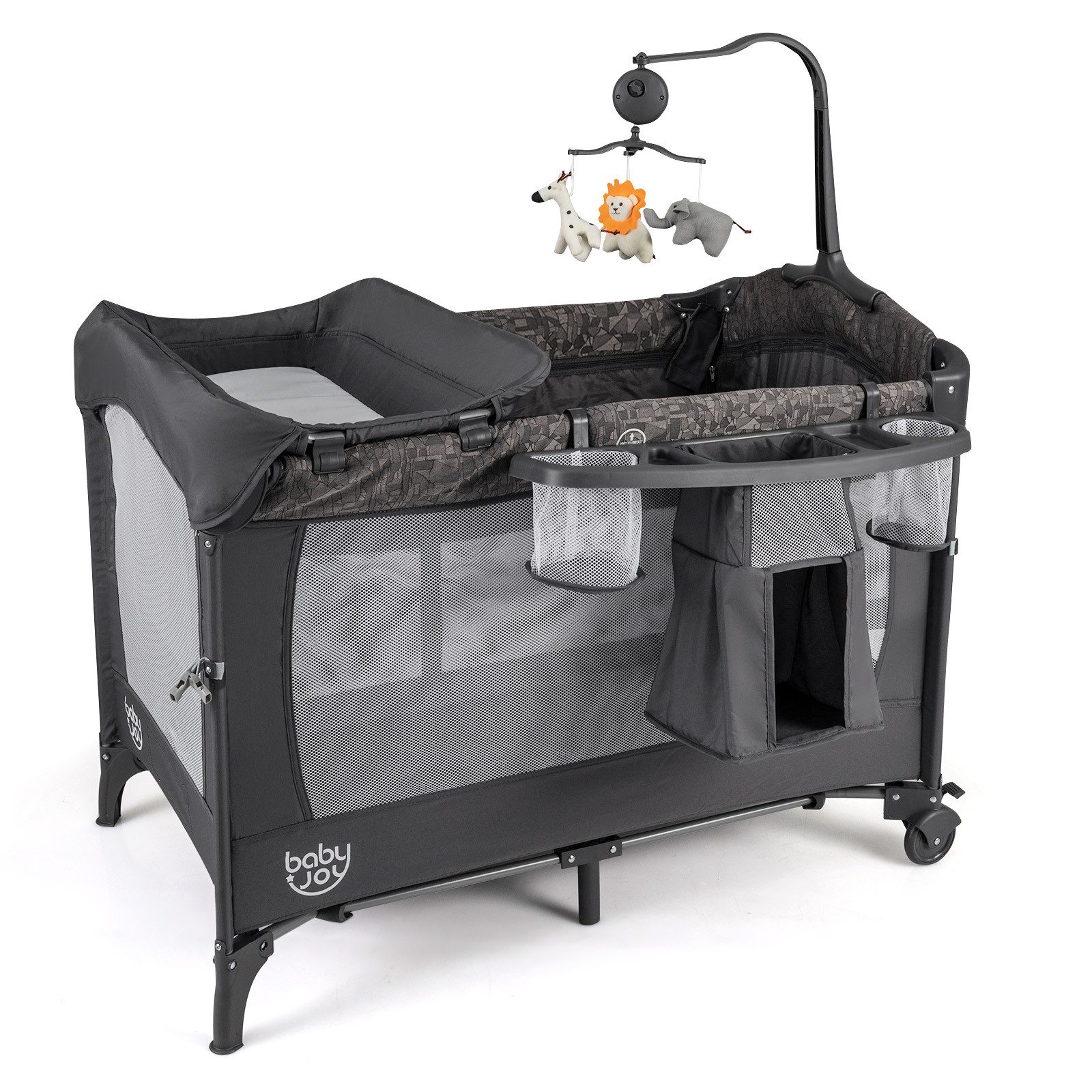 COSTWAY Baby-Reisebett 4 in 1 Reisebett, Babybett, Beistellbett mit Matratze, Wickelauflage