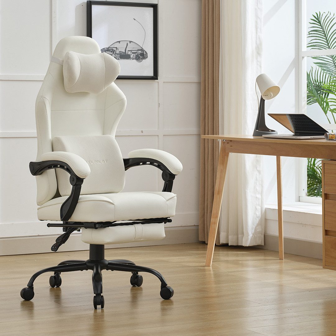 PixelPilot Gaming-Stuhl Ergonomischer Gaming-Stuhl, breite Sitzfläche, Fußstütze, bis 150 kg, Atmungsaktiver Stoff, Ergonomisches Design