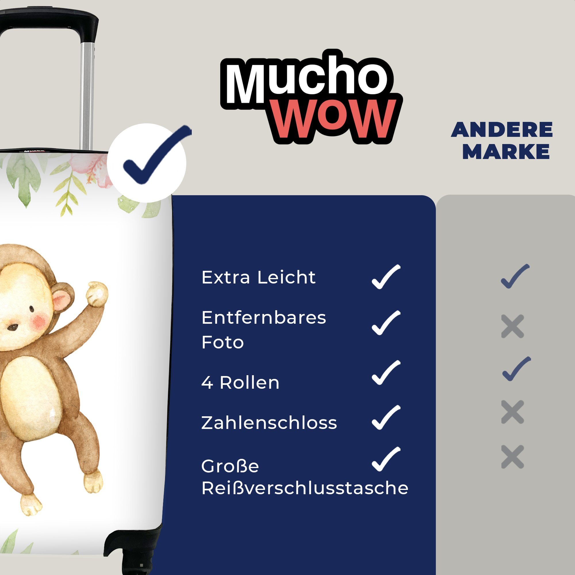 Blumen Handgepäck für Trolley, Ferien, Dschungel, 4 rollen, Rollen, mit Reisetasche MuchoWow - Reisekoffer Affe Handgepäckkoffer -