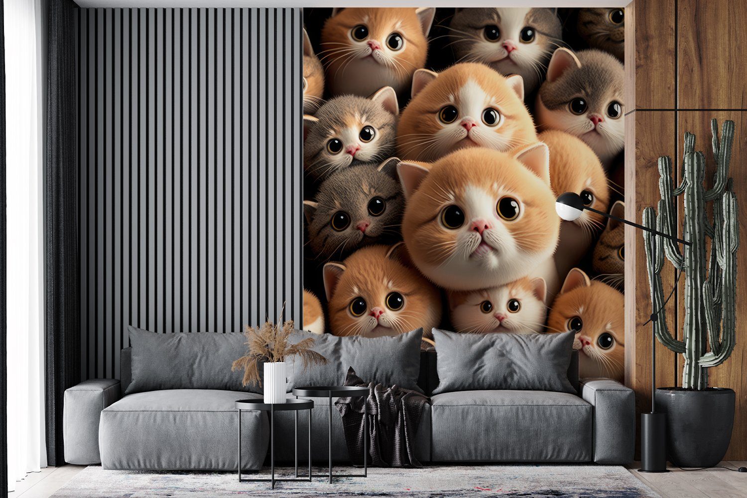 Mädchen, Katzen Kätzchen MuchoWow Design - Vinyl Wandtapete - Tapete (4 Jungen bedruckt, - Haustiere Matt, Wohnzimmer, - St), - für Fototapete Montagefertig